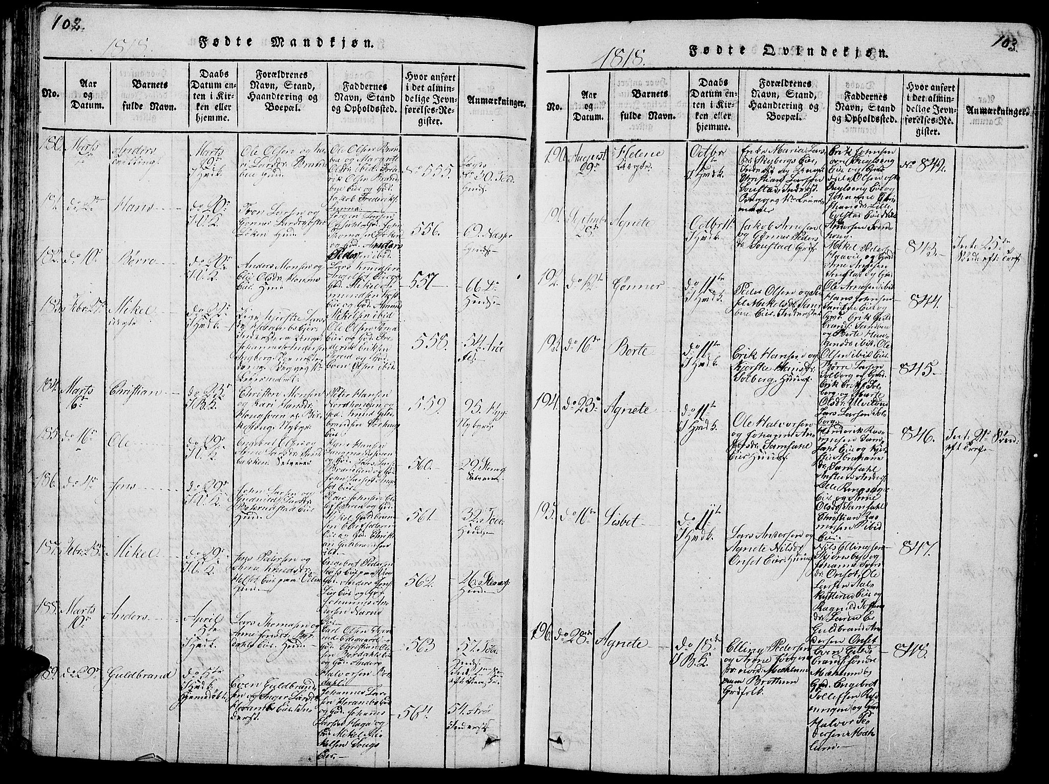 Ringsaker prestekontor, AV/SAH-PREST-014/L/La/L0001: Parish register (copy) no. 1, 1814-1826, p. 102-103