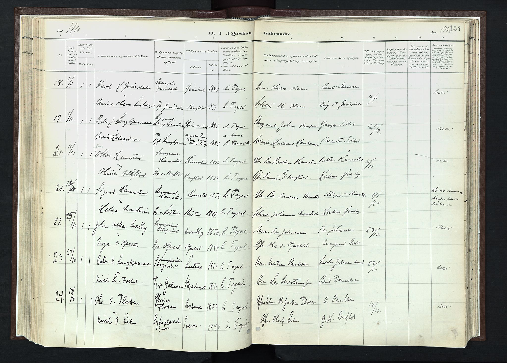 Trysil prestekontor, AV/SAH-PREST-046/H/Ha/Haa/L0013: Parish register (official) no. 13, 1898-1911, p. 154