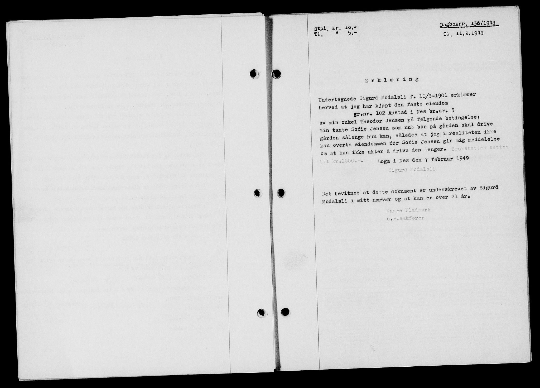 Flekkefjord sorenskriveri, SAK/1221-0001/G/Gb/Gba/L0064: Mortgage book no. A-12, 1948-1949, Diary no: : 138/1949