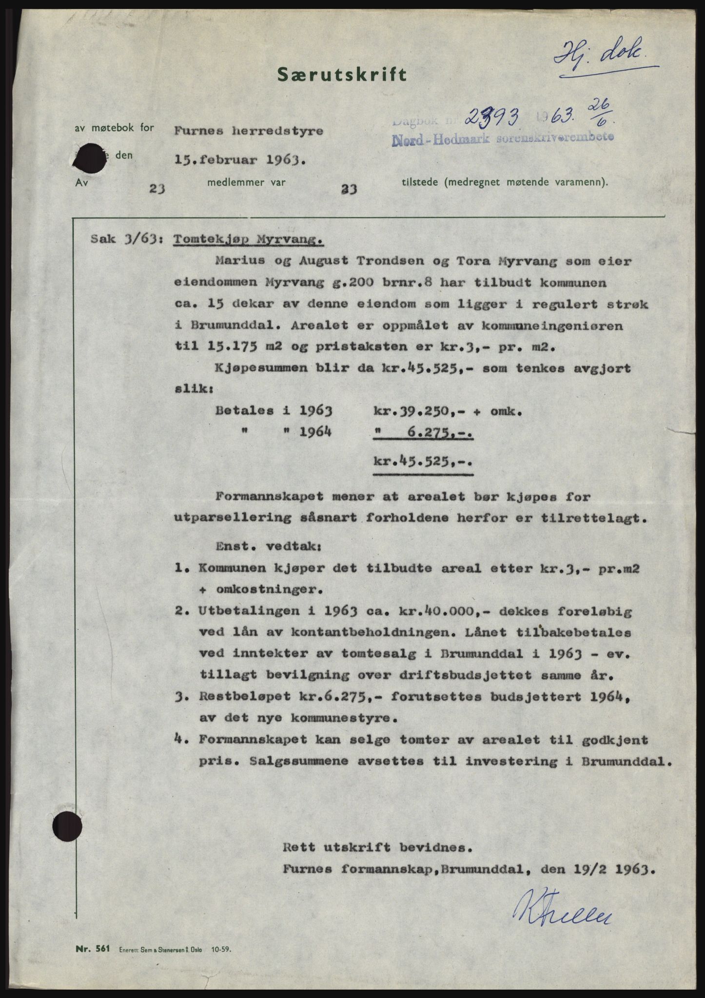 Nord-Hedmark sorenskriveri, SAH/TING-012/H/Hc/L0018: Mortgage book no. 18, 1963-1963, Diary no: : 2393/1963