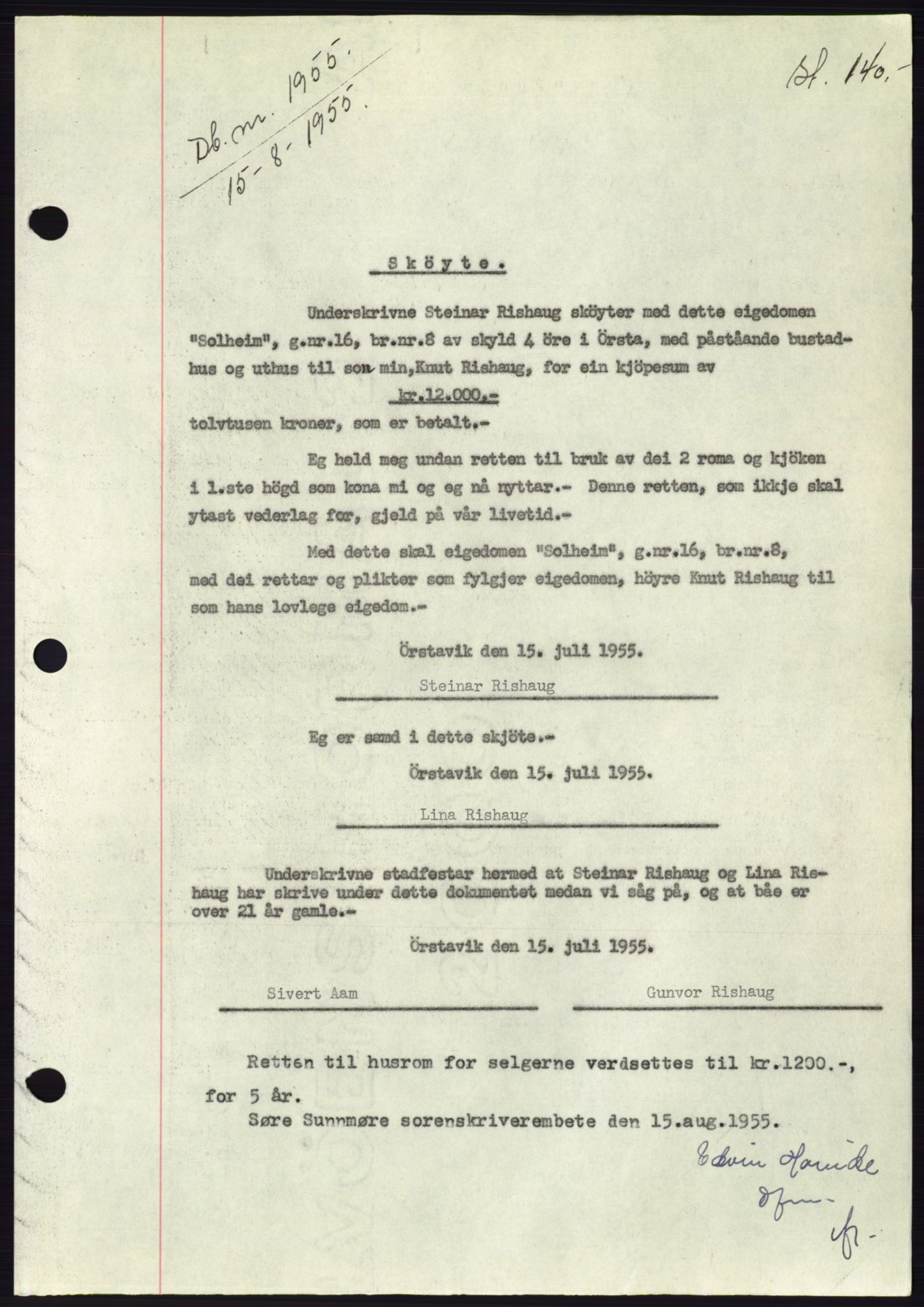 Søre Sunnmøre sorenskriveri, AV/SAT-A-4122/1/2/2C/L0101: Mortgage book no. 27A, 1955-1955, Diary no: : 1955/1955