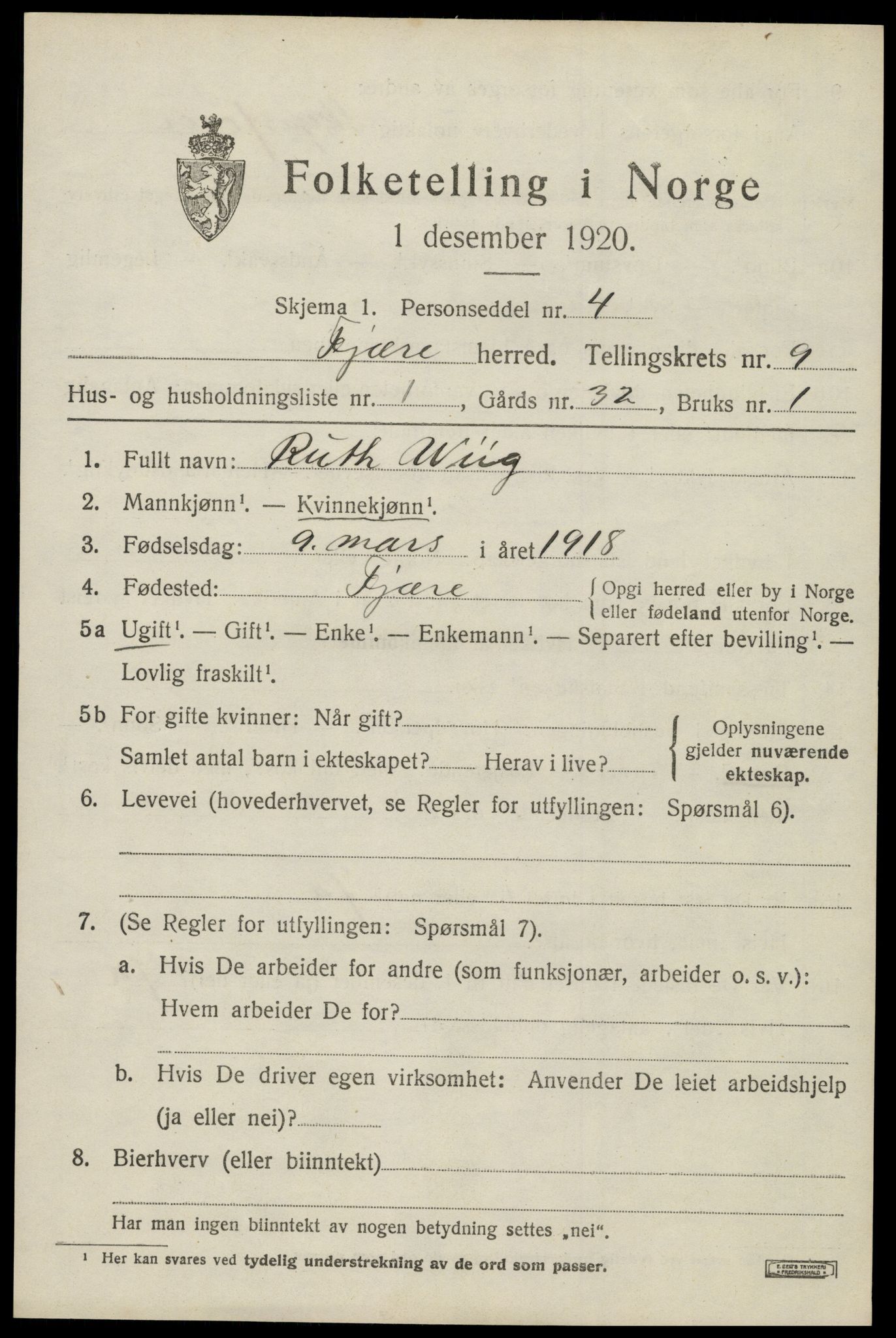 SAK, 1920 census for Fjære, 1920, p. 11205