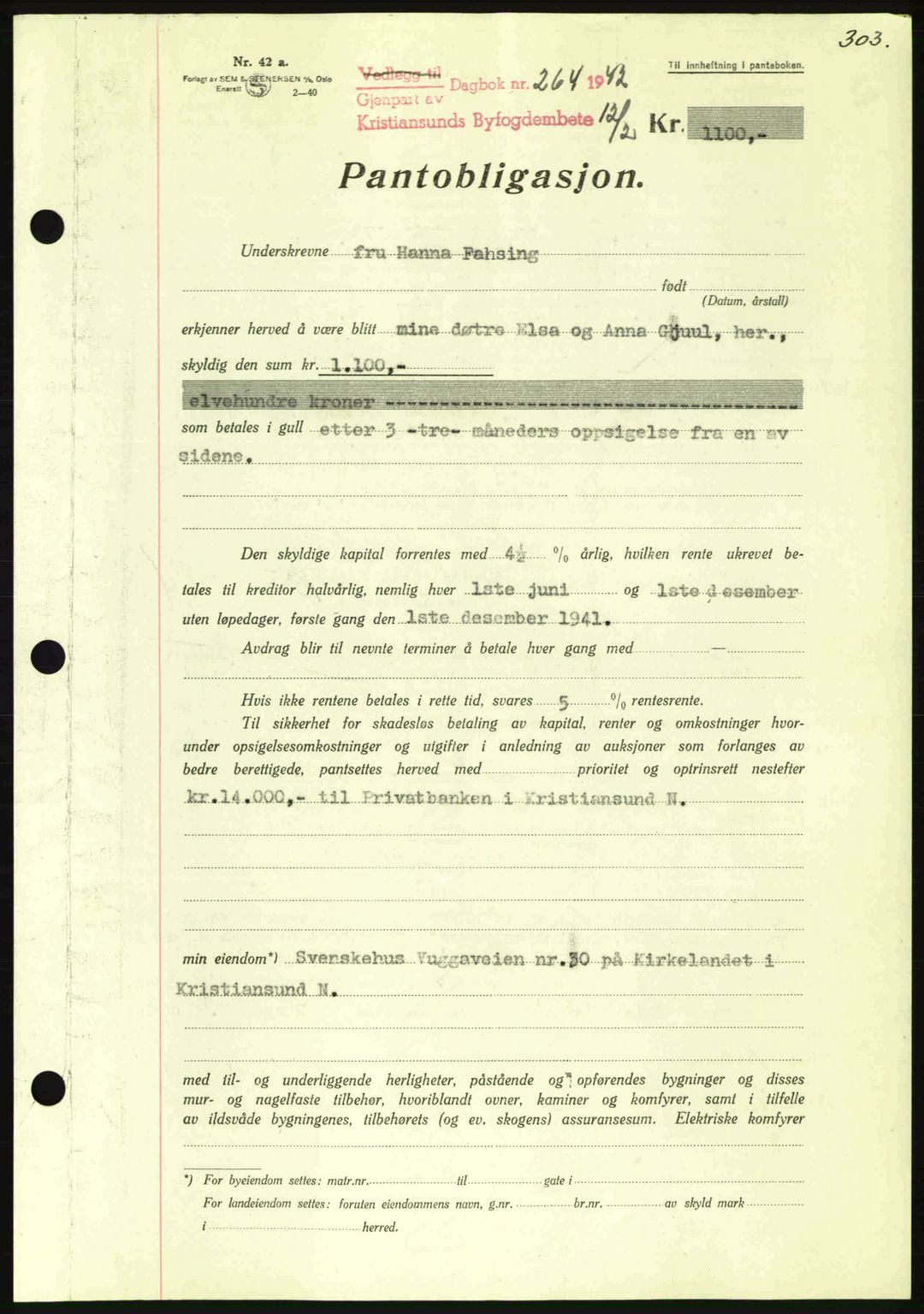 Kristiansund byfogd, AV/SAT-A-4587/A/27: Mortgage book no. 35, 1941-1942, Diary no: : 264/1942