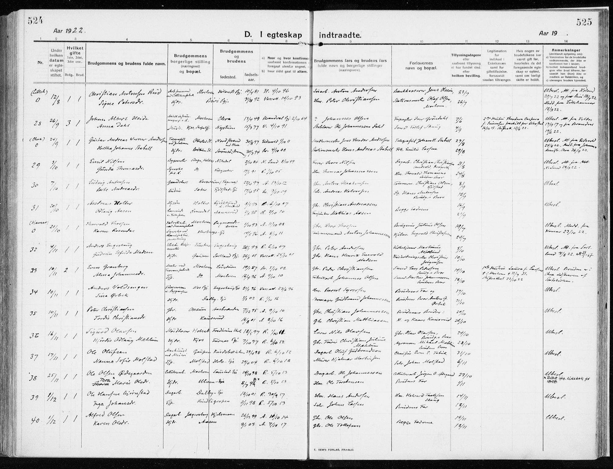 Ringsaker prestekontor, AV/SAH-PREST-014/K/Ka/L0020: Parish register (official) no. 20, 1913-1922, p. 524-525