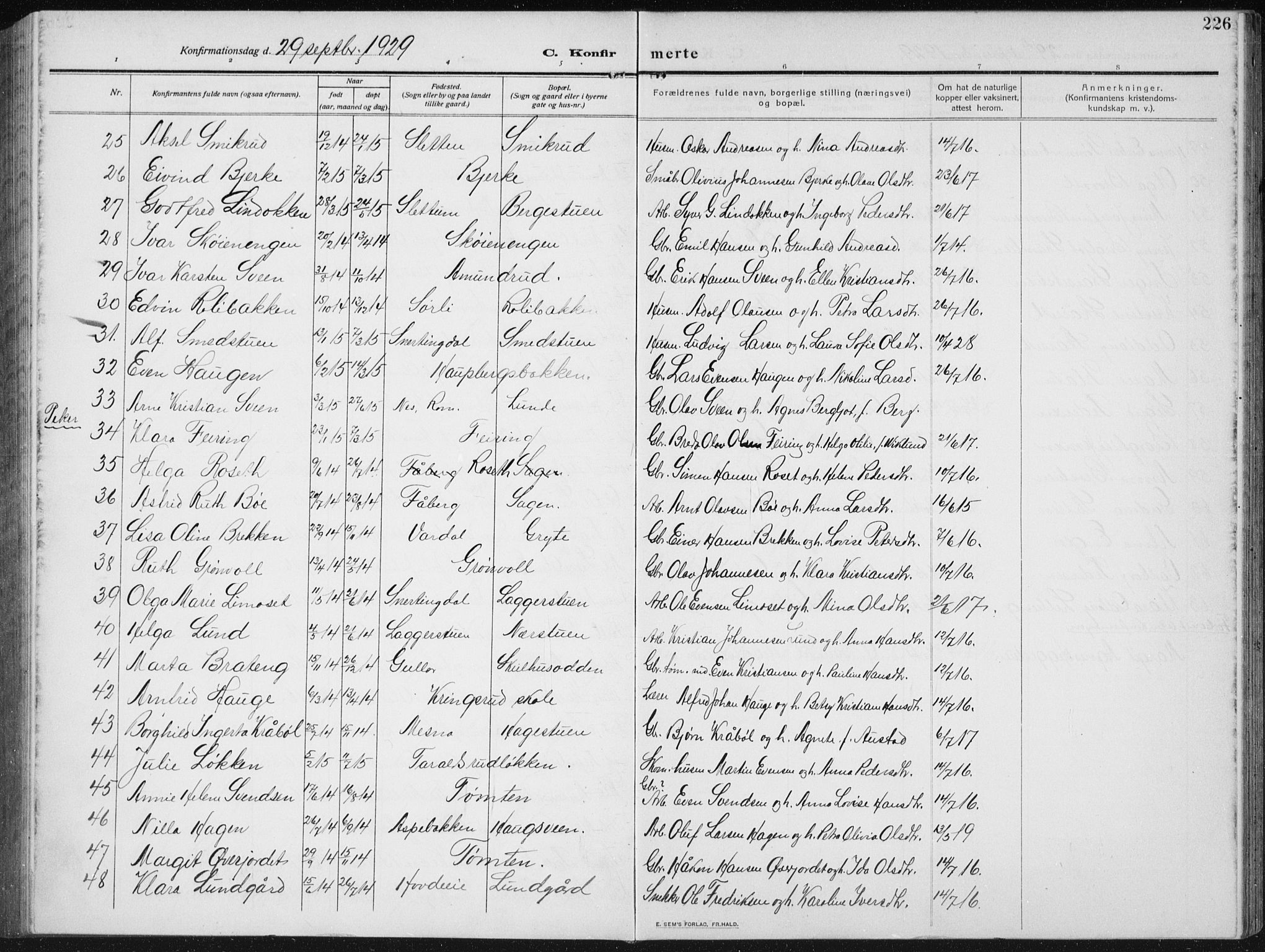 Biri prestekontor, AV/SAH-PREST-096/H/Ha/Hab/L0006: Parish register (copy) no. 6, 1909-1938, p. 226