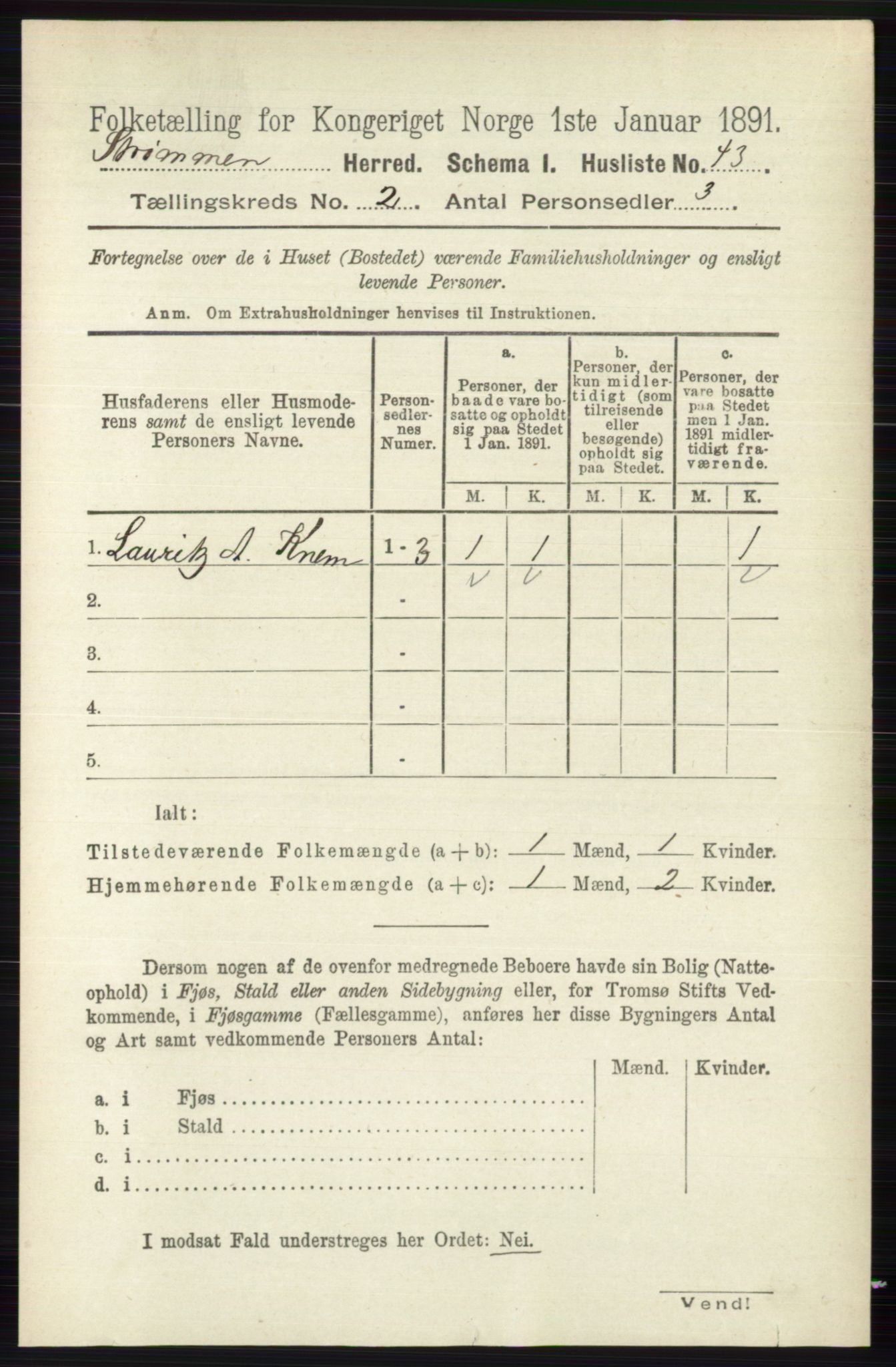 RA, 1891 census for 0711 Strømm, 1891, p. 689