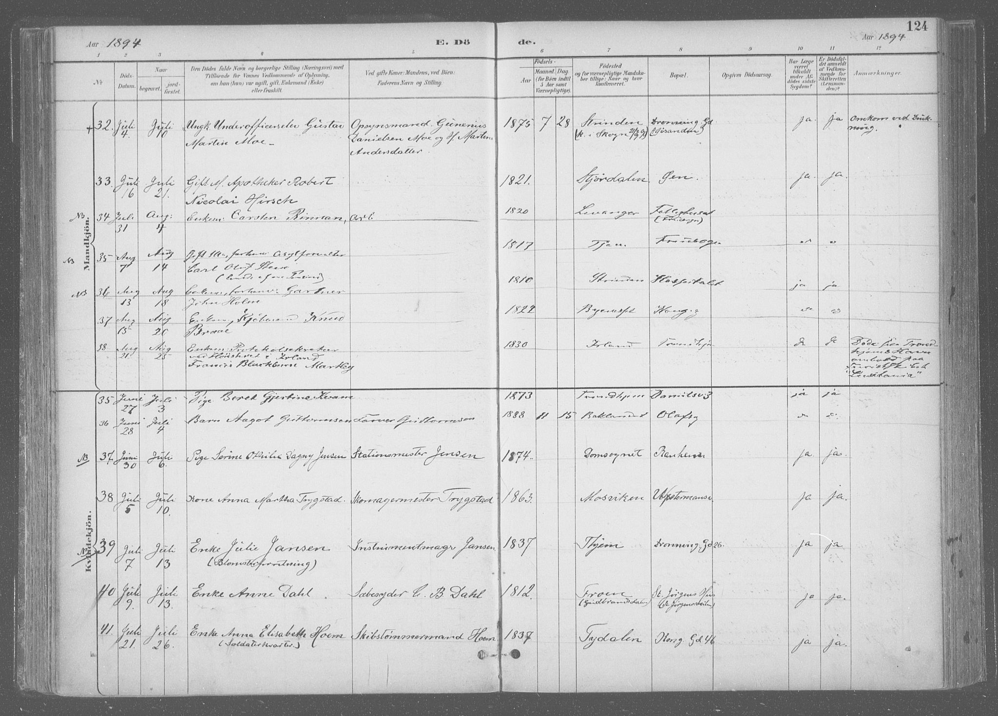 Ministerialprotokoller, klokkerbøker og fødselsregistre - Sør-Trøndelag, AV/SAT-A-1456/601/L0064: Parish register (official) no. 601A31, 1891-1911, p. 124