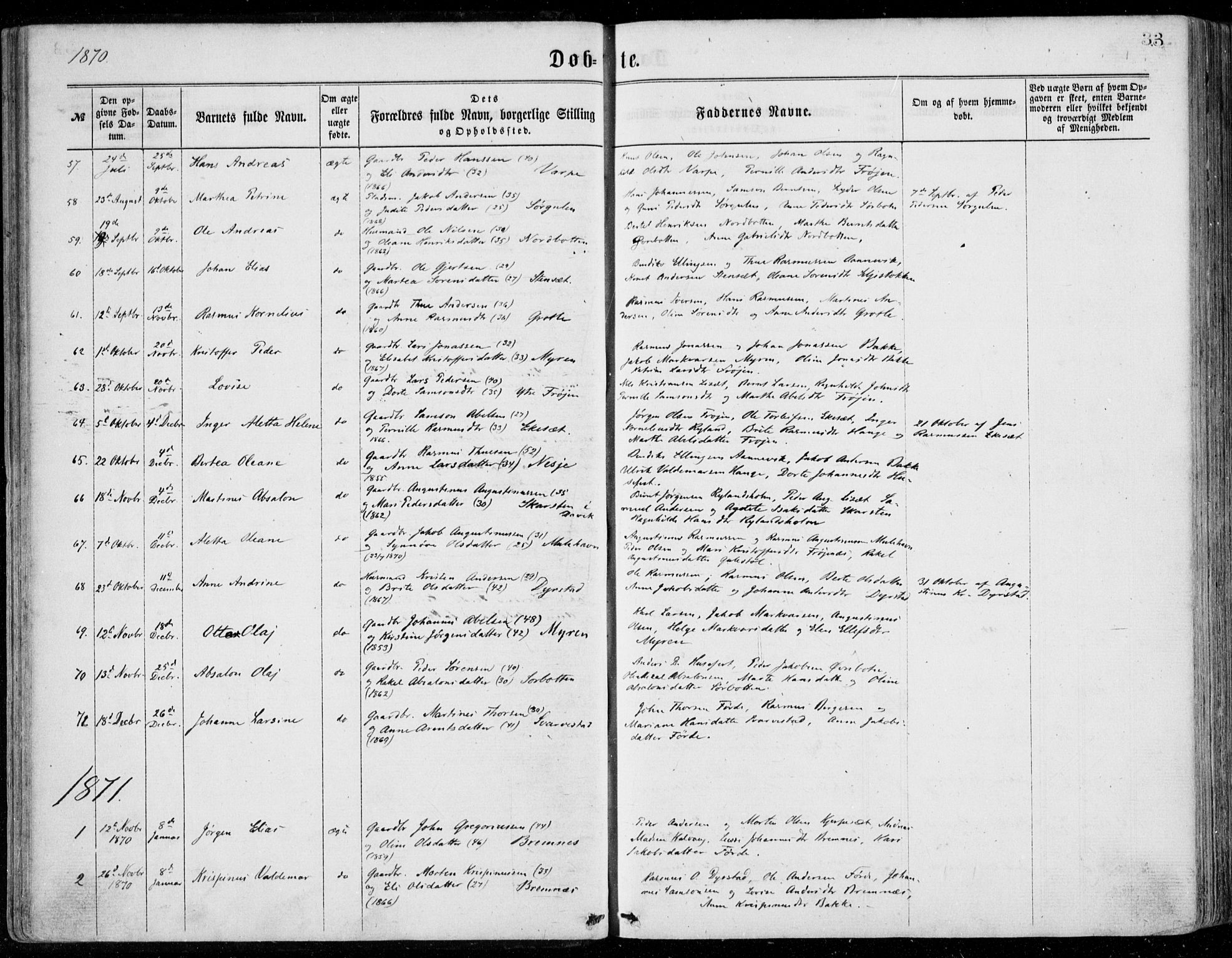 Bremanger sokneprestembete, SAB/A-82201/H/Haa/Haaa/L0001: Parish register (official) no. A  1, 1864-1883, p. 33