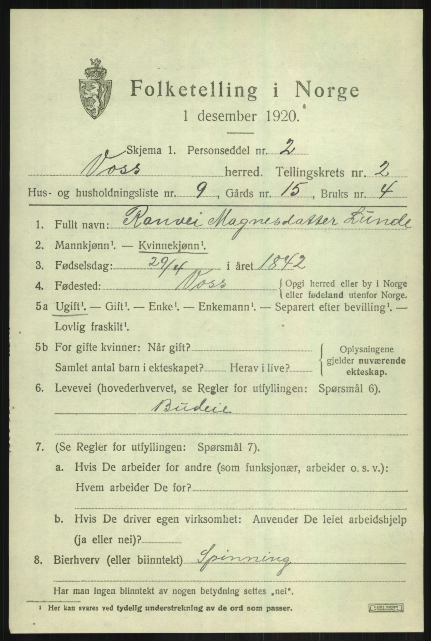 SAB, 1920 census for Voss, 1920, p. 3557