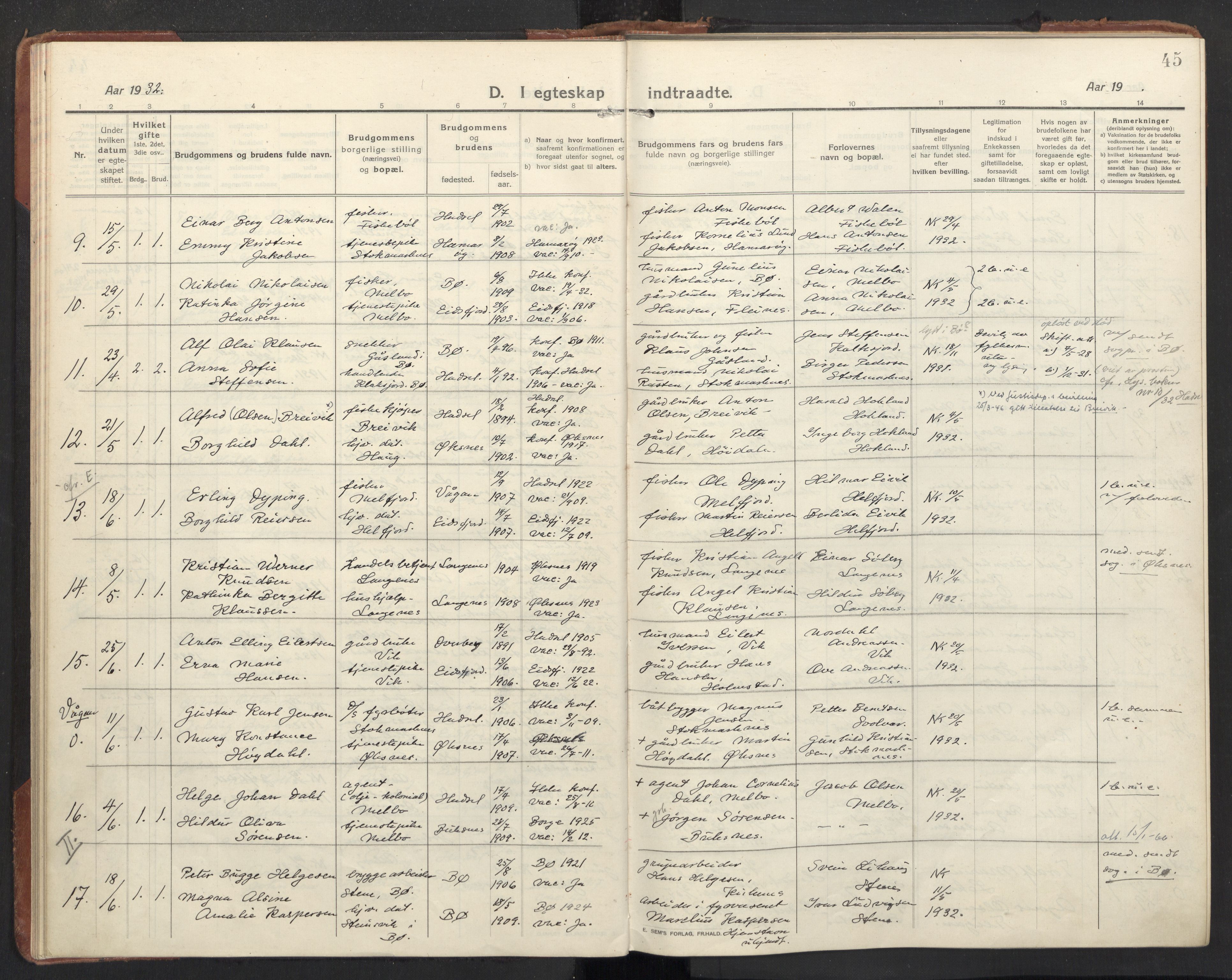 Ministerialprotokoller, klokkerbøker og fødselsregistre - Nordland, AV/SAT-A-1459/888/L1269: Parish register (copy) no. 888C11, 1913-1937, p. 45