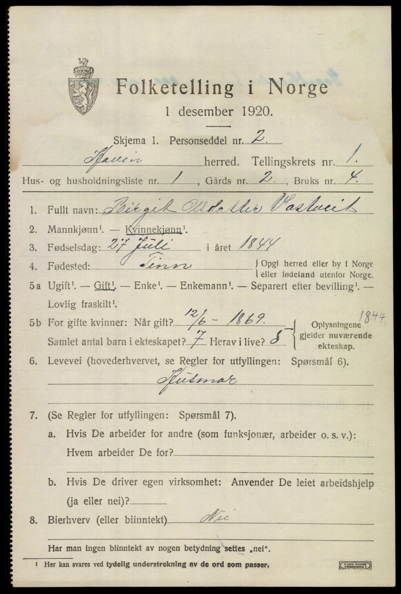 SAKO, 1920 census for Hovin, 1920, p. 359