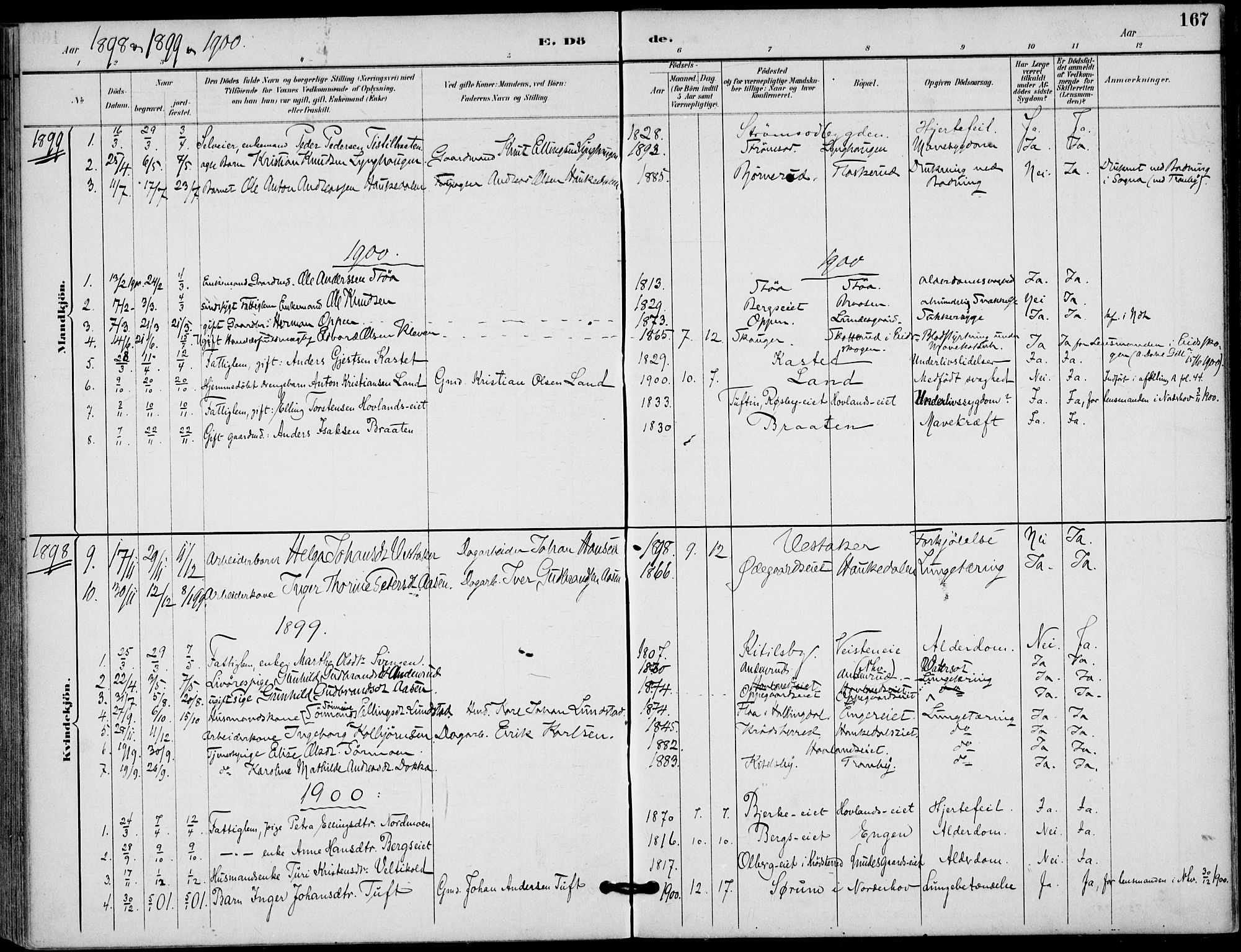 Lunder kirkebøker, AV/SAKO-A-629/F/Fa/L0001: Parish register (official) no. I 1, 1885-1912, p. 167