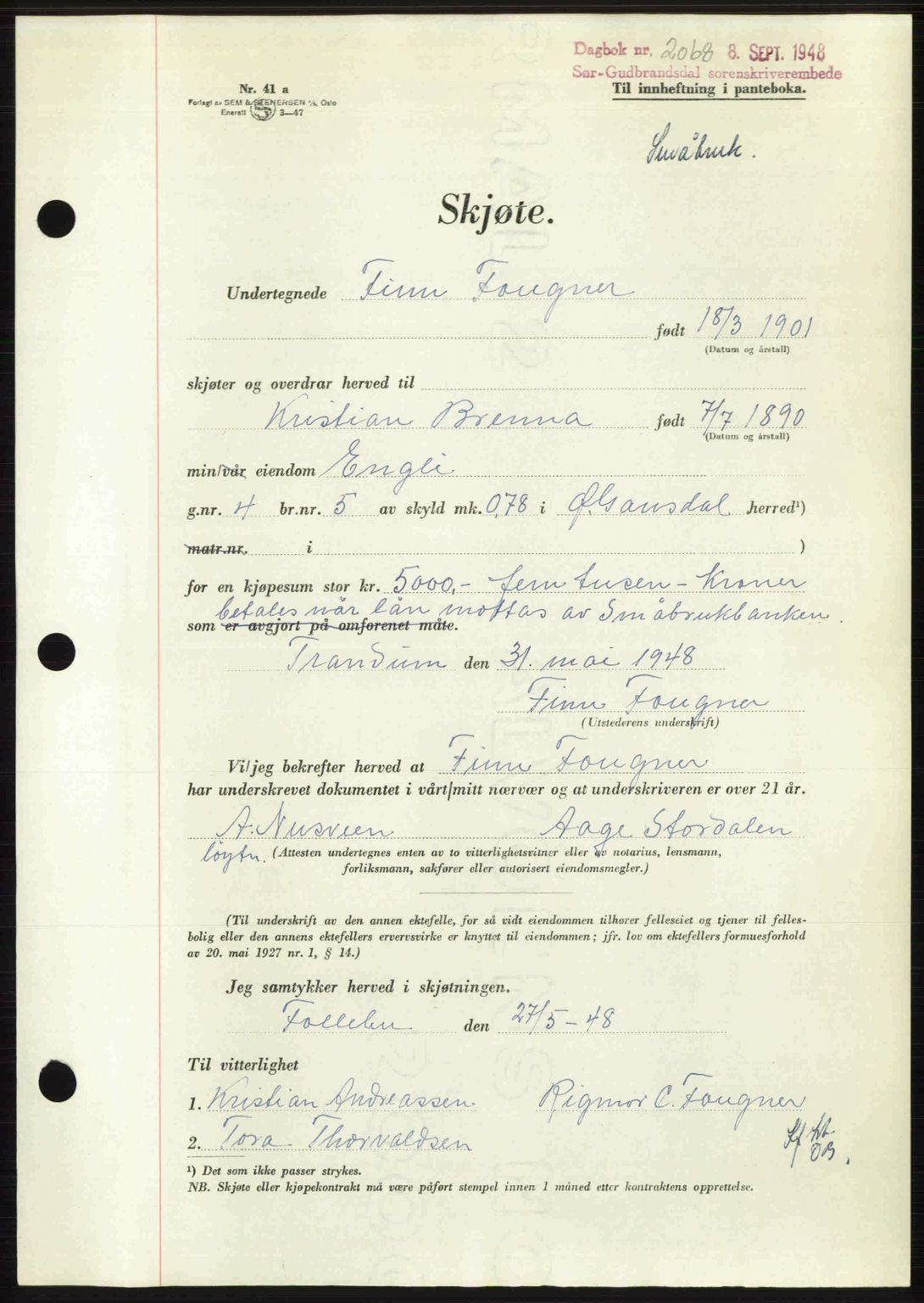Sør-Gudbrandsdal tingrett, SAH/TING-004/H/Hb/Hbd/L0022: Mortgage book no. A22, 1948-1948, Diary no: : 2068/1948
