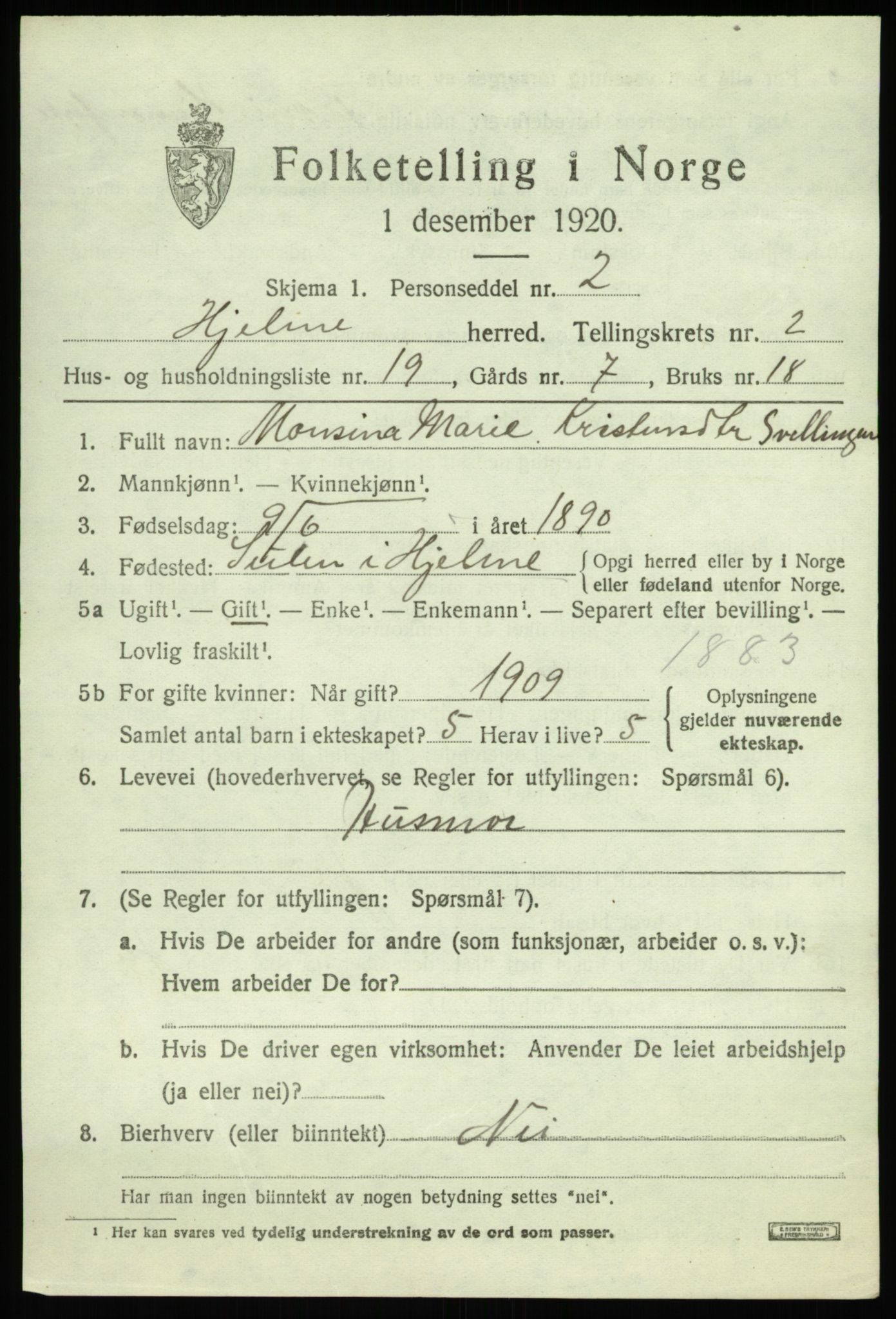 SAB, 1920 census for Hjelme, 1920, p. 1306