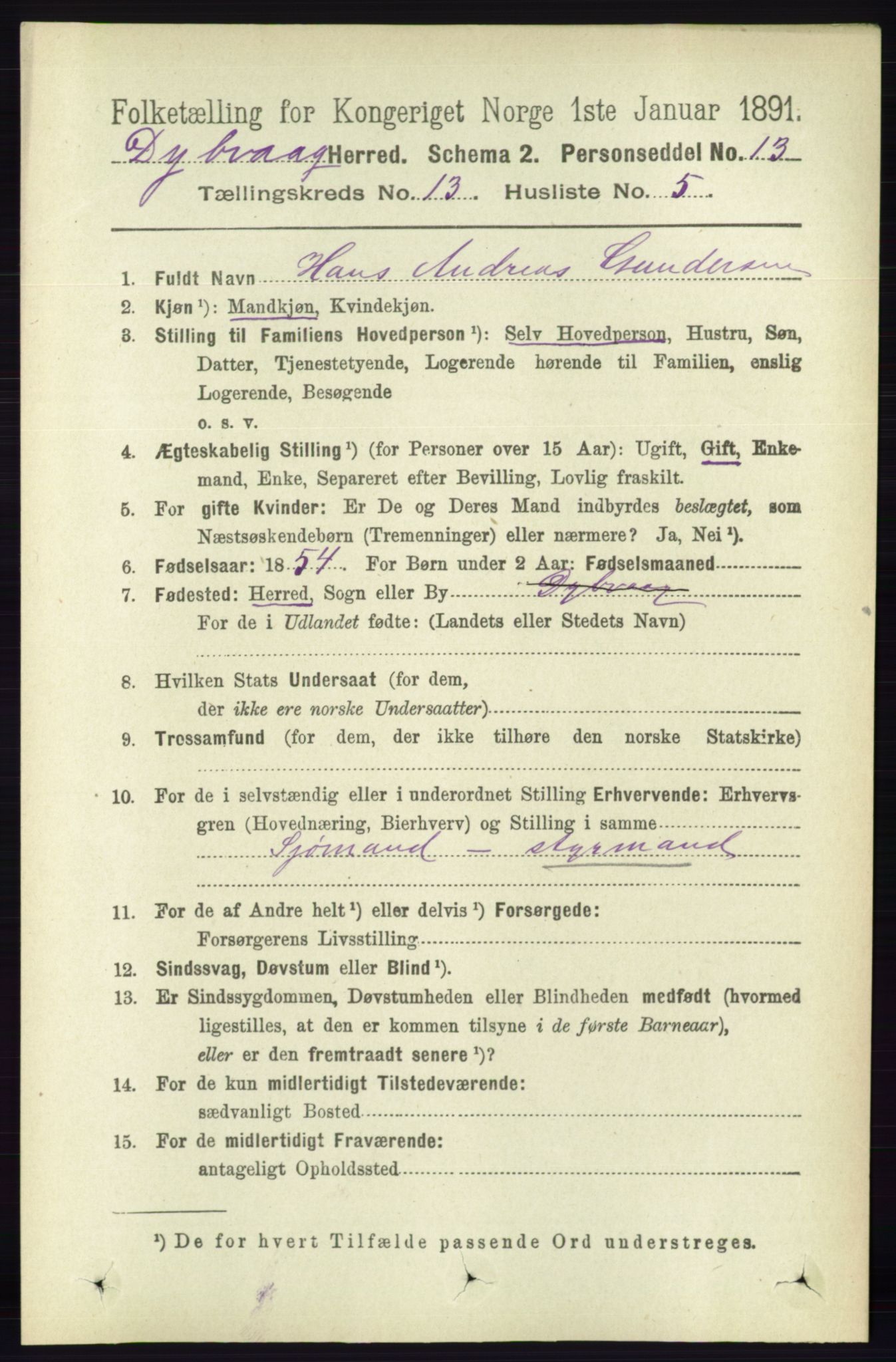 RA, 1891 census for 0915 Dypvåg, 1891, p. 5330