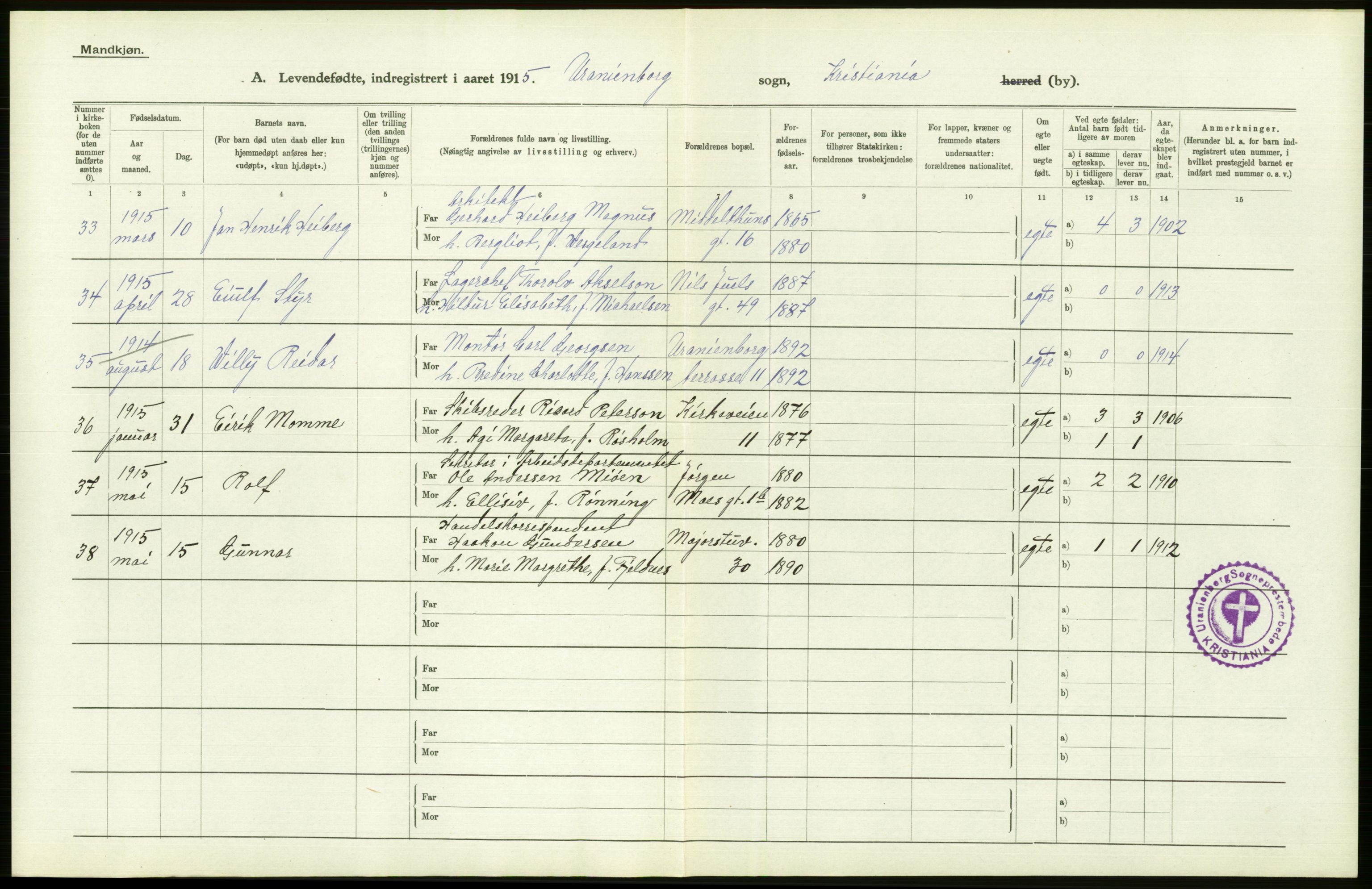 Statistisk sentralbyrå, Sosiodemografiske emner, Befolkning, AV/RA-S-2228/D/Df/Dfb/Dfbe/L0007: Kristiania: Levendefødte menn og kvinner., 1915, p. 514