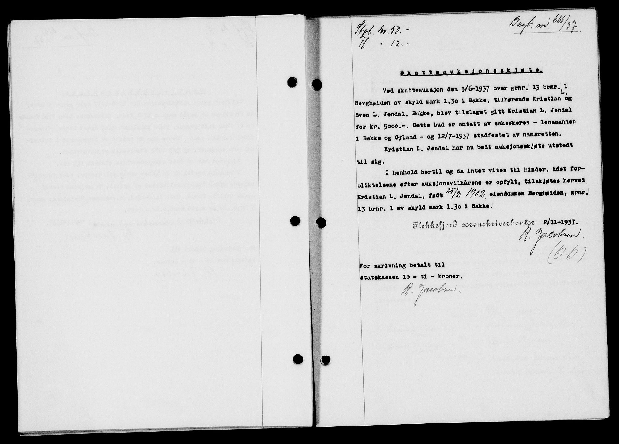 Flekkefjord sorenskriveri, SAK/1221-0001/G/Gb/Gba/L0054: Mortgage book no. A-2, 1937-1938, Diary no: : 666/1937