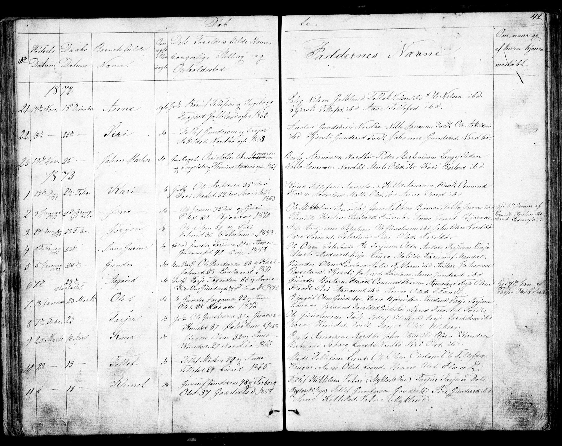 Evje sokneprestkontor, AV/SAK-1111-0008/F/Fb/Fba/L0002: Parish register (copy) no. B 2, 1849-1896, p. 42