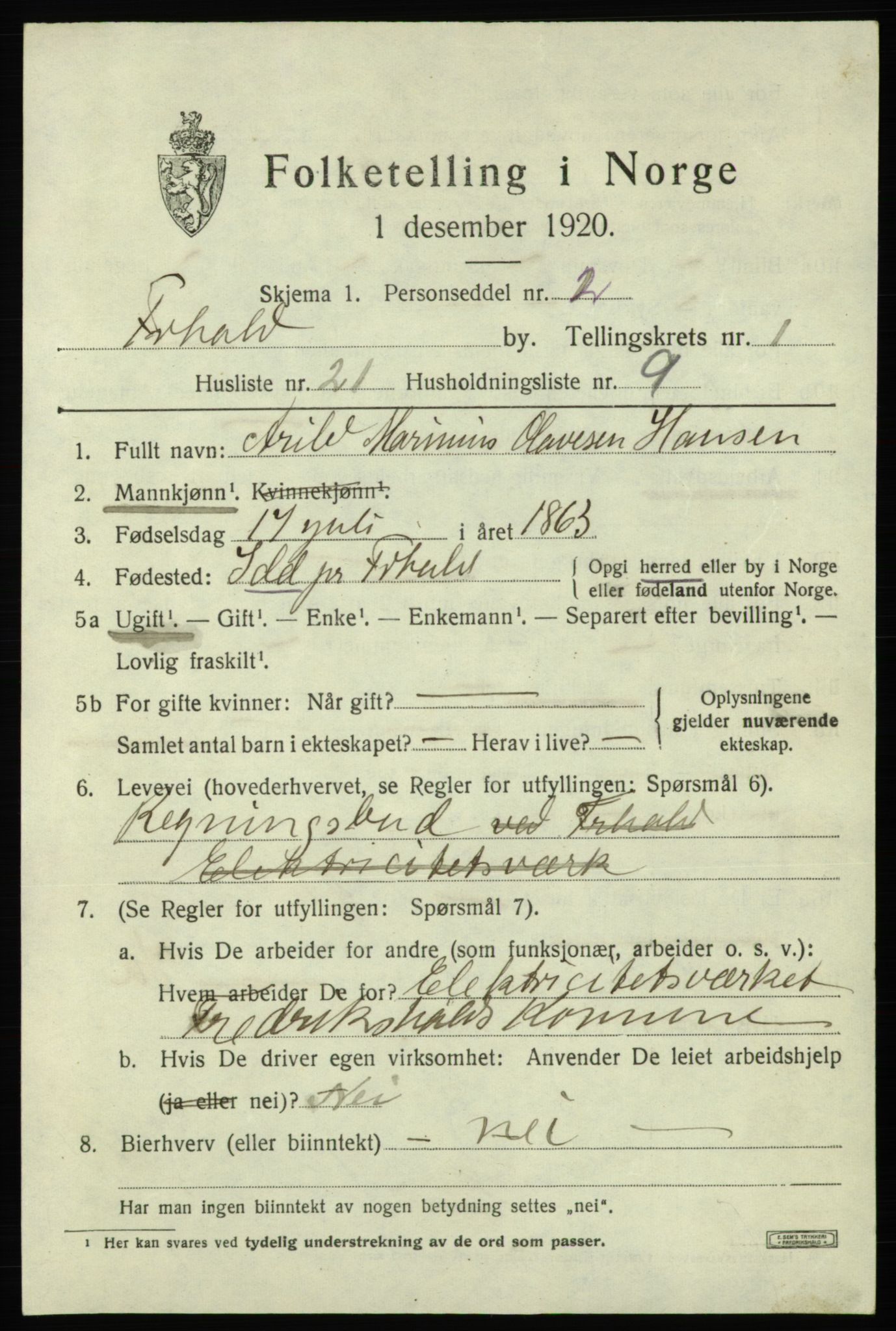 SAO, 1920 census for Fredrikshald, 1920, p. 8452