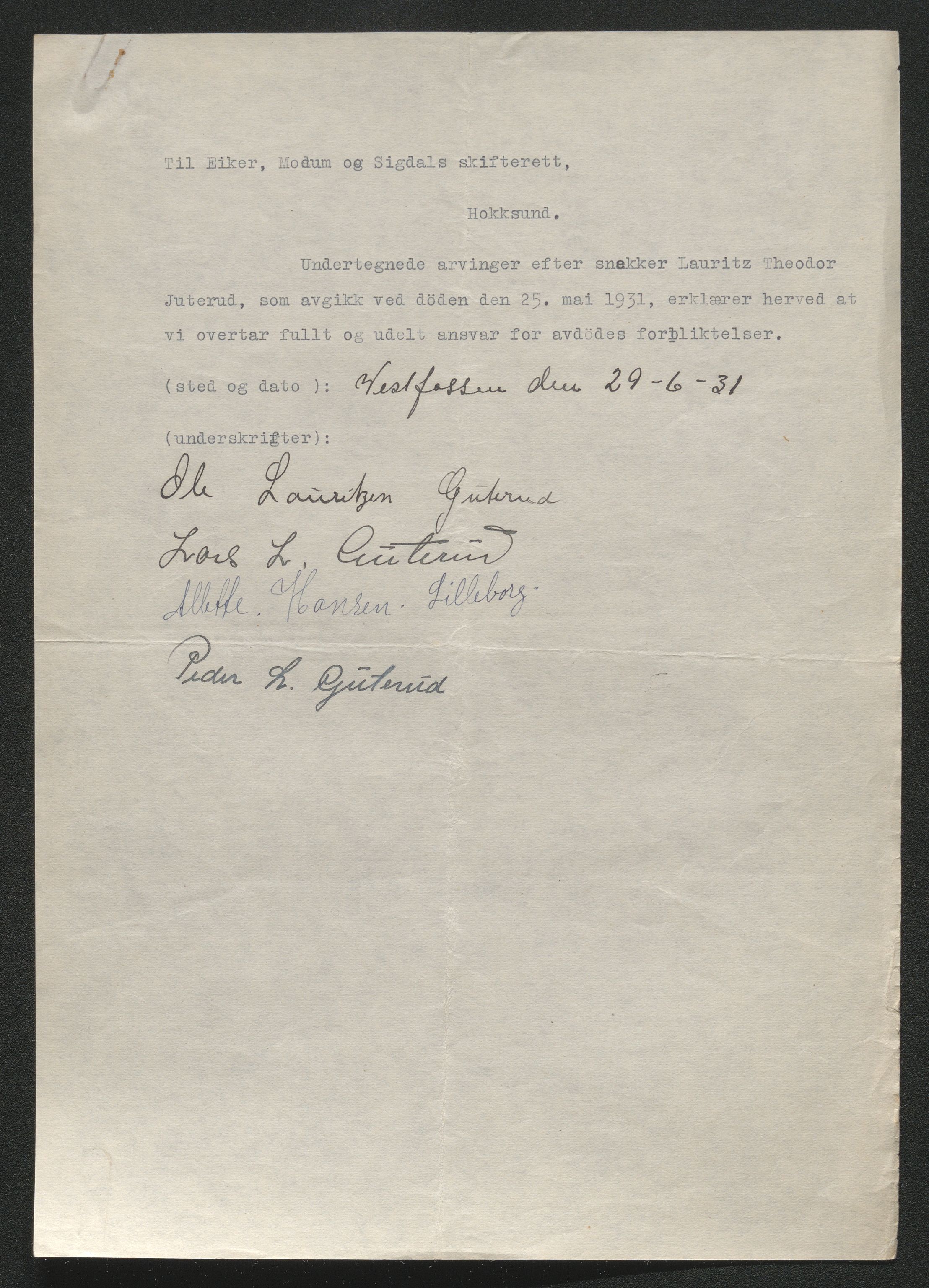 Eiker, Modum og Sigdal sorenskriveri, AV/SAKO-A-123/H/Ha/Hab/L0046: Dødsfallsmeldinger, 1930-1931, p. 908