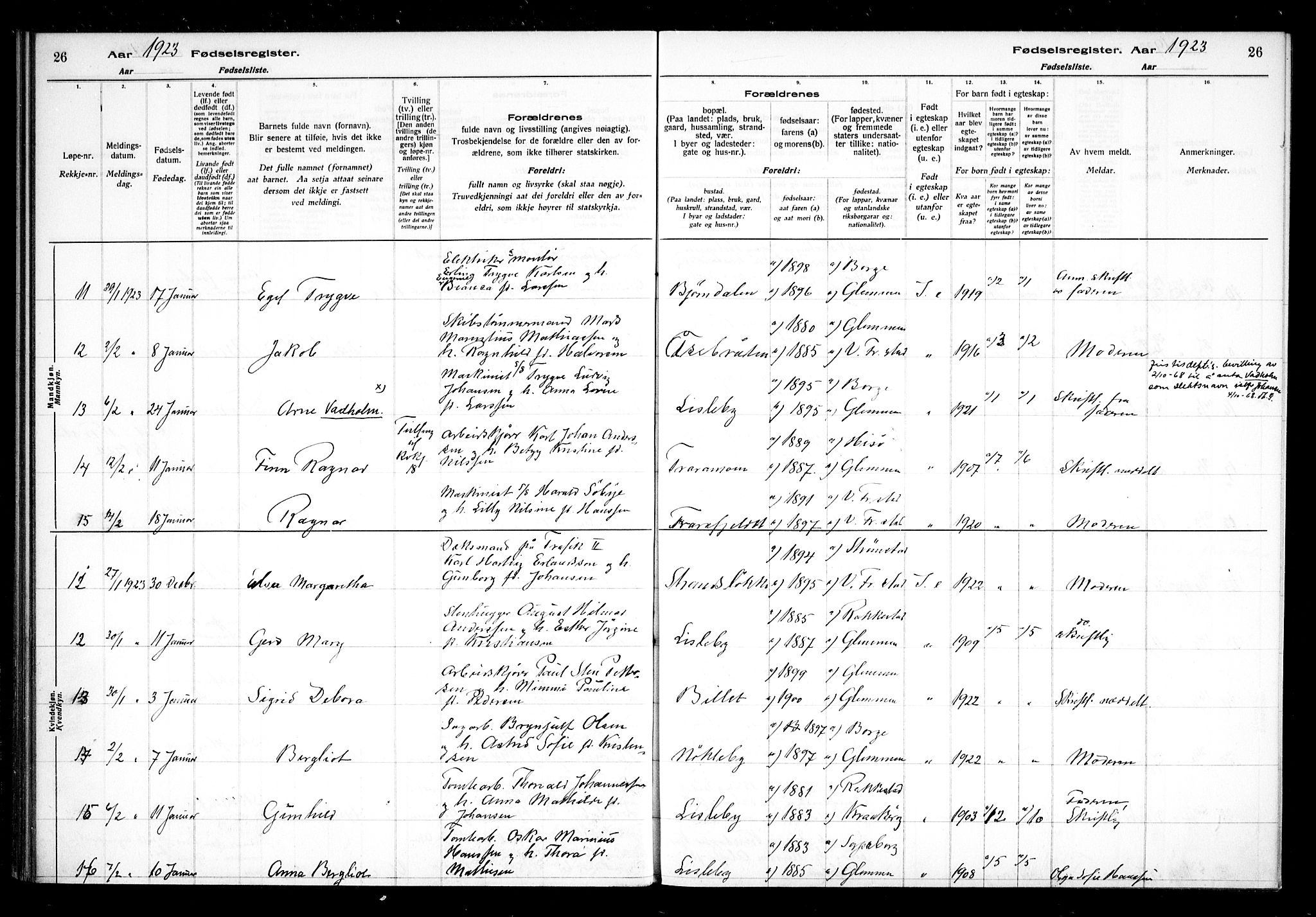 Glemmen prestekontor Kirkebøker, AV/SAO-A-10908/J/Ja/L0002: Birth register no. I 2, 1922-1929, p. 26