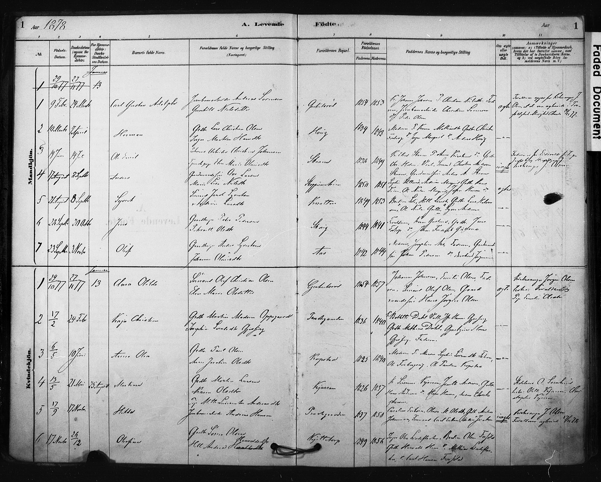Borre kirkebøker, SAKO/A-338/F/Fc/L0001: Parish register (official) no. III 1, 1878-1896, p. 1