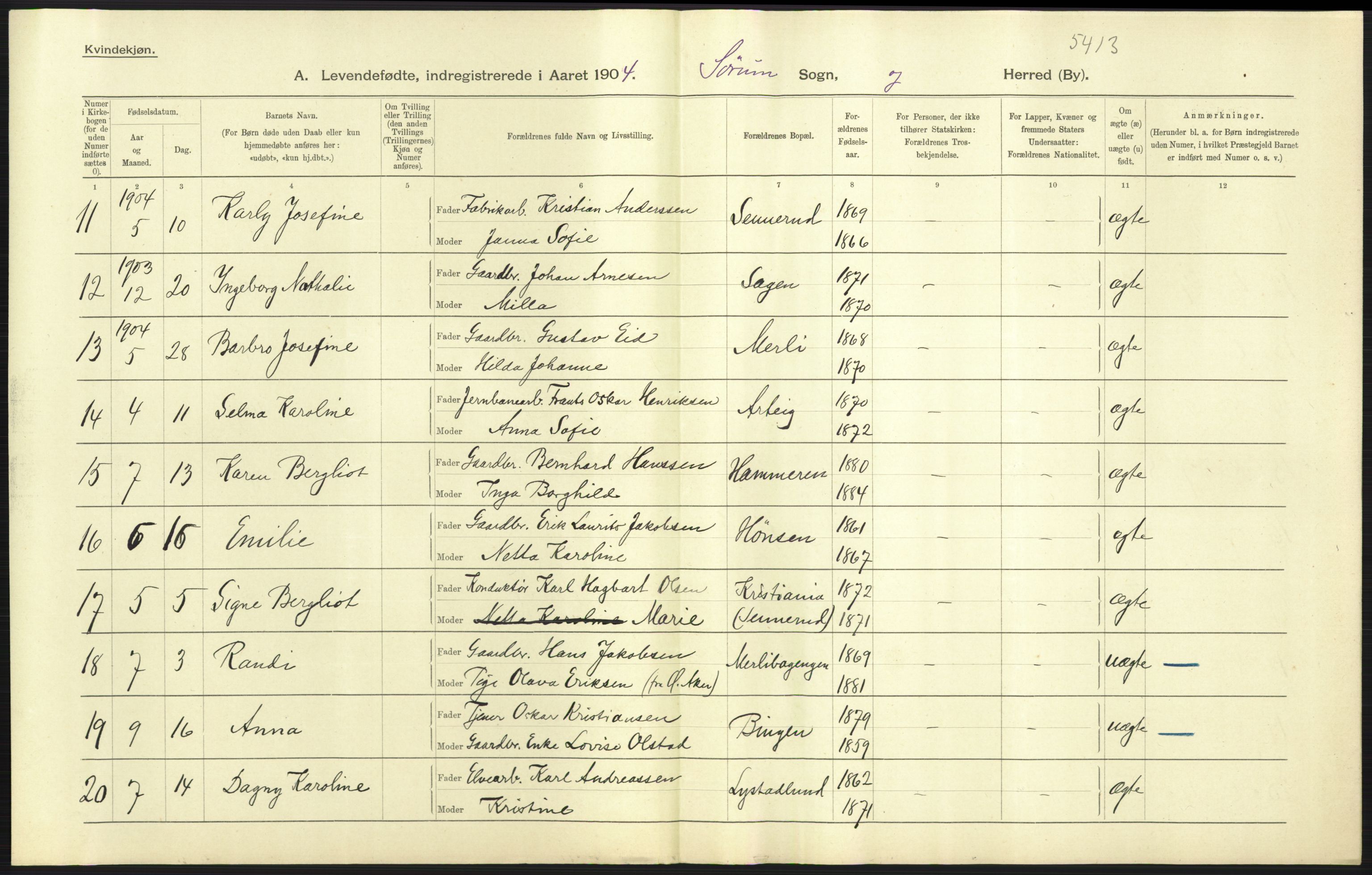 Statistisk sentralbyrå, Sosiodemografiske emner, Befolkning, AV/RA-S-2228/D/Df/Dfa/Dfab/L0002: Akershus amt: Fødte, gifte, døde, 1904, p. 69