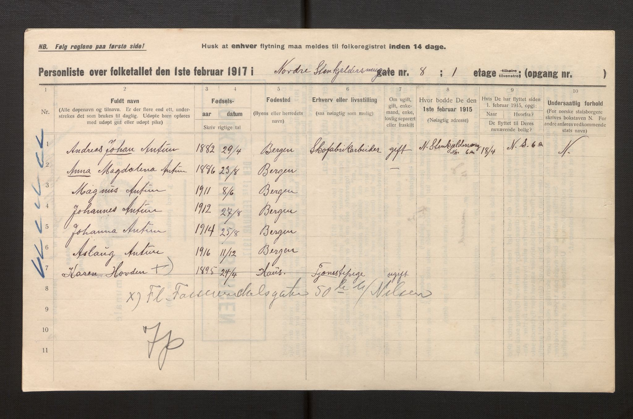 SAB, Municipal Census 1917 for Bergen, 1917, p. 37340