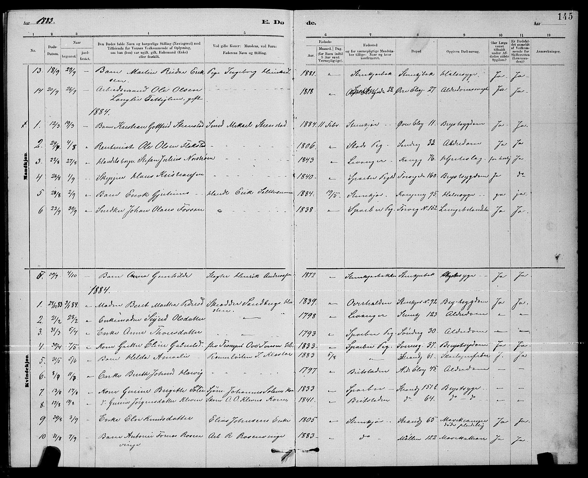 Ministerialprotokoller, klokkerbøker og fødselsregistre - Nord-Trøndelag, SAT/A-1458/739/L0374: Parish register (copy) no. 739C02, 1883-1898, p. 145