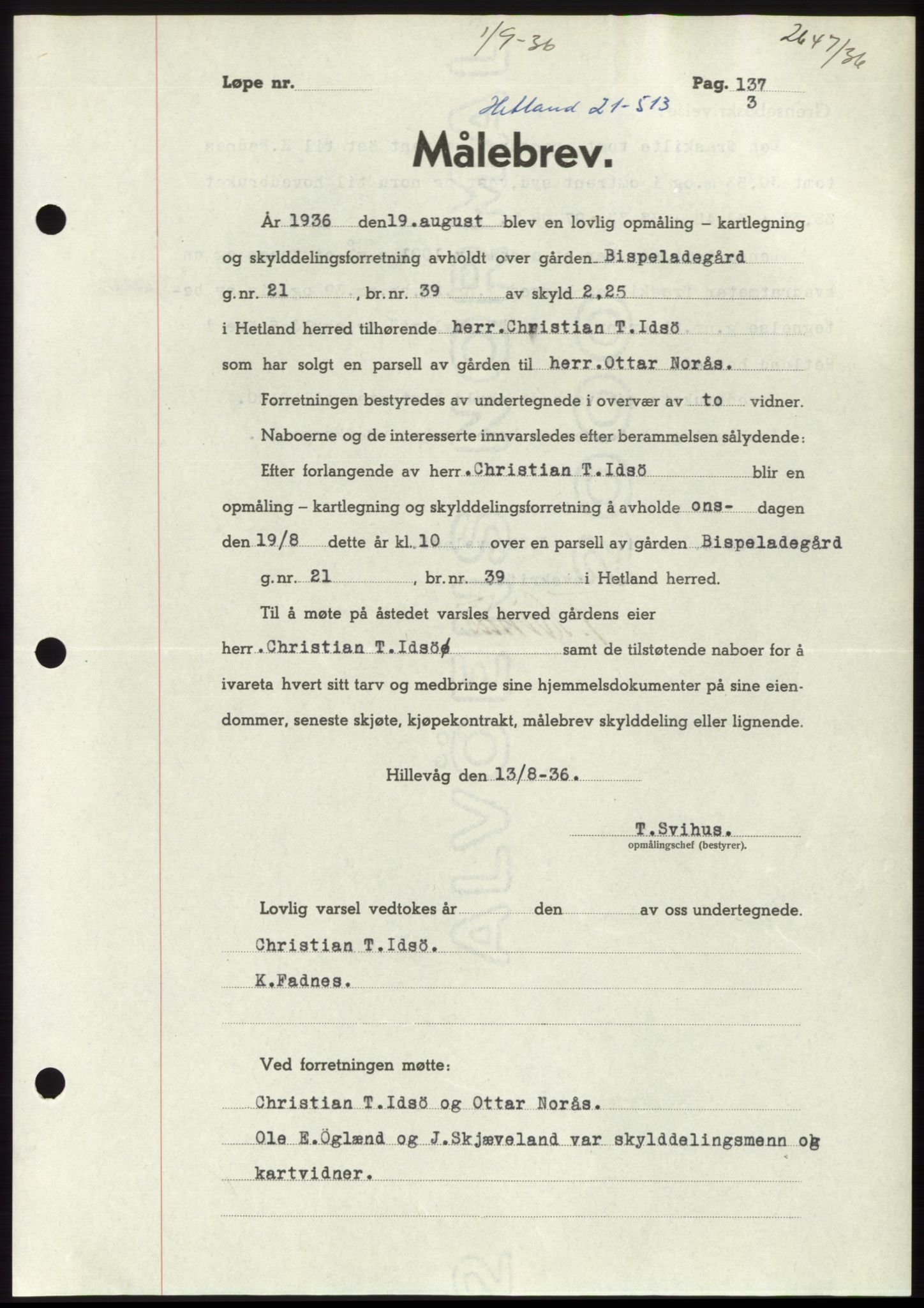 Jæren sorenskriveri, AV/SAST-A-100310/03/G/Gba/L0066: Mortgage book no. 71-72, 1936-1936, Diary no: : 2647/1936