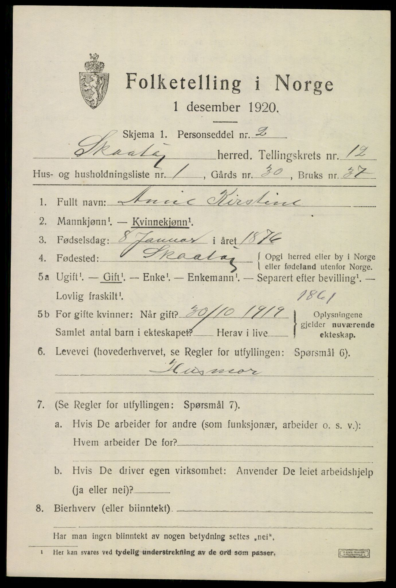 SAKO, 1920 census for Skåtøy, 1920, p. 8192