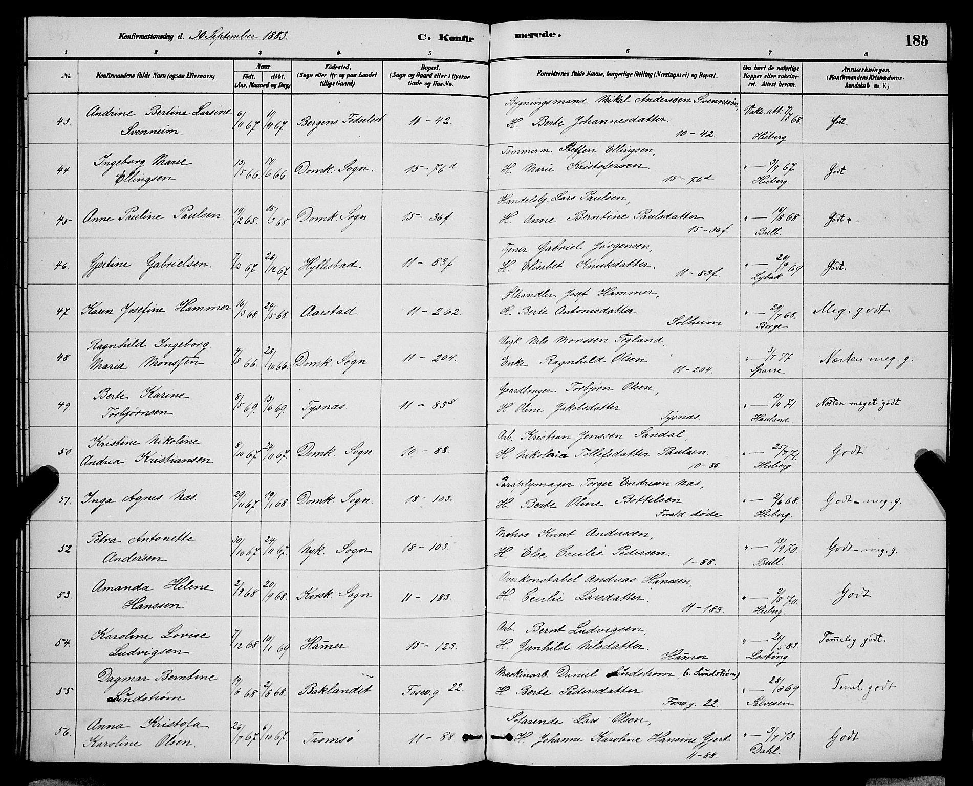 Domkirken sokneprestembete, SAB/A-74801/H/Hab/L0024: Parish register (copy) no. C 4, 1880-1899, p. 185