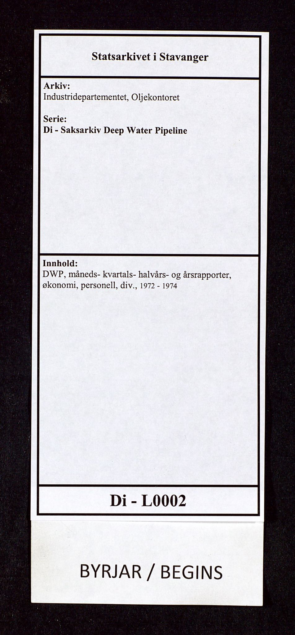 Industridepartementet, Oljekontoret, AV/SAST-A-101348/Di/L0002: DWP, måneds- kvartals- halvårs- og årsrapporter, økonomi, personell, div., 1972-1974, p. 1