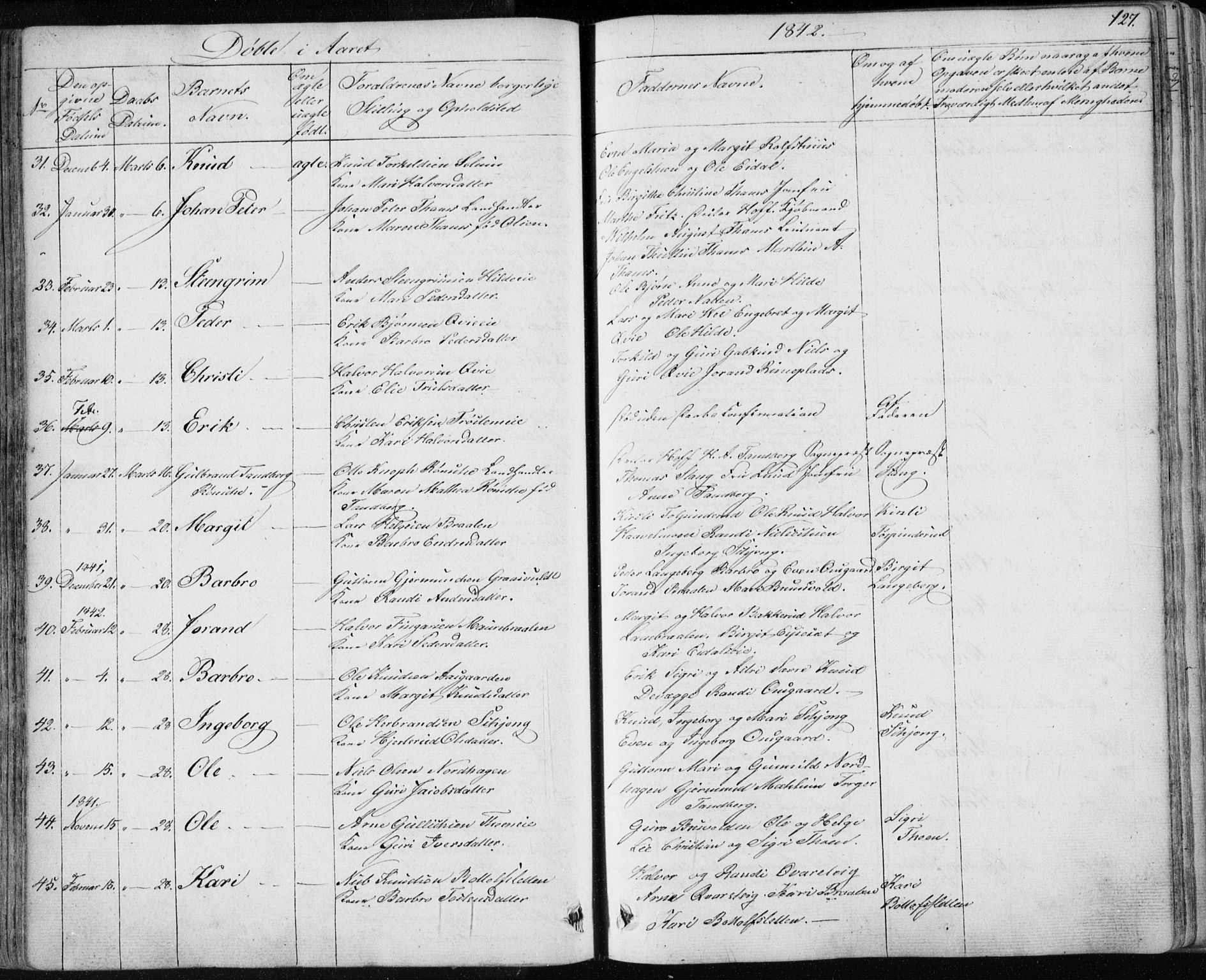 Nes kirkebøker, SAKO/A-236/F/Fa/L0009: Parish register (official) no. 9, 1834-1863, p. 127