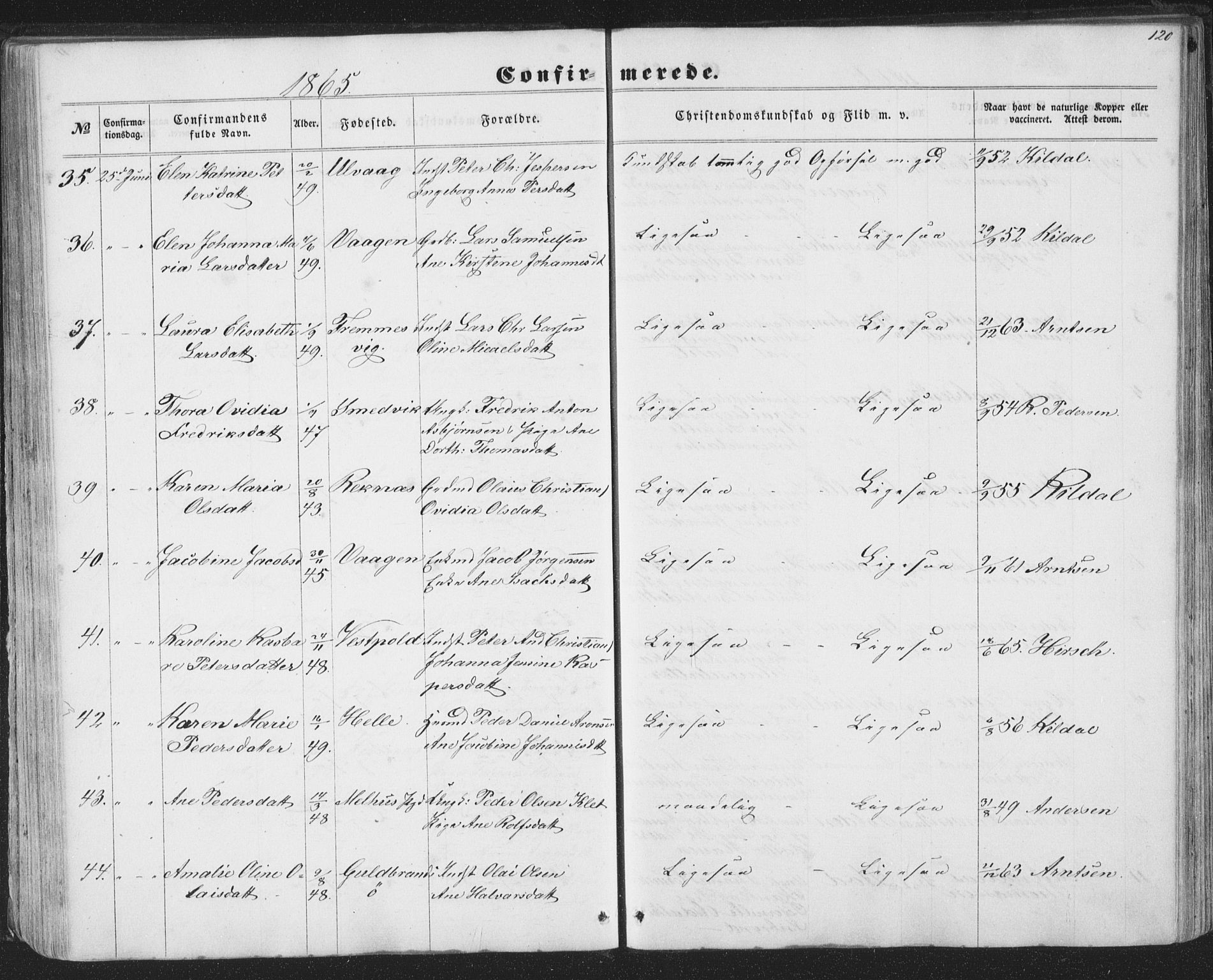 Ministerialprotokoller, klokkerbøker og fødselsregistre - Nordland, AV/SAT-A-1459/874/L1073: Parish register (copy) no. 874C02, 1860-1870, p. 120