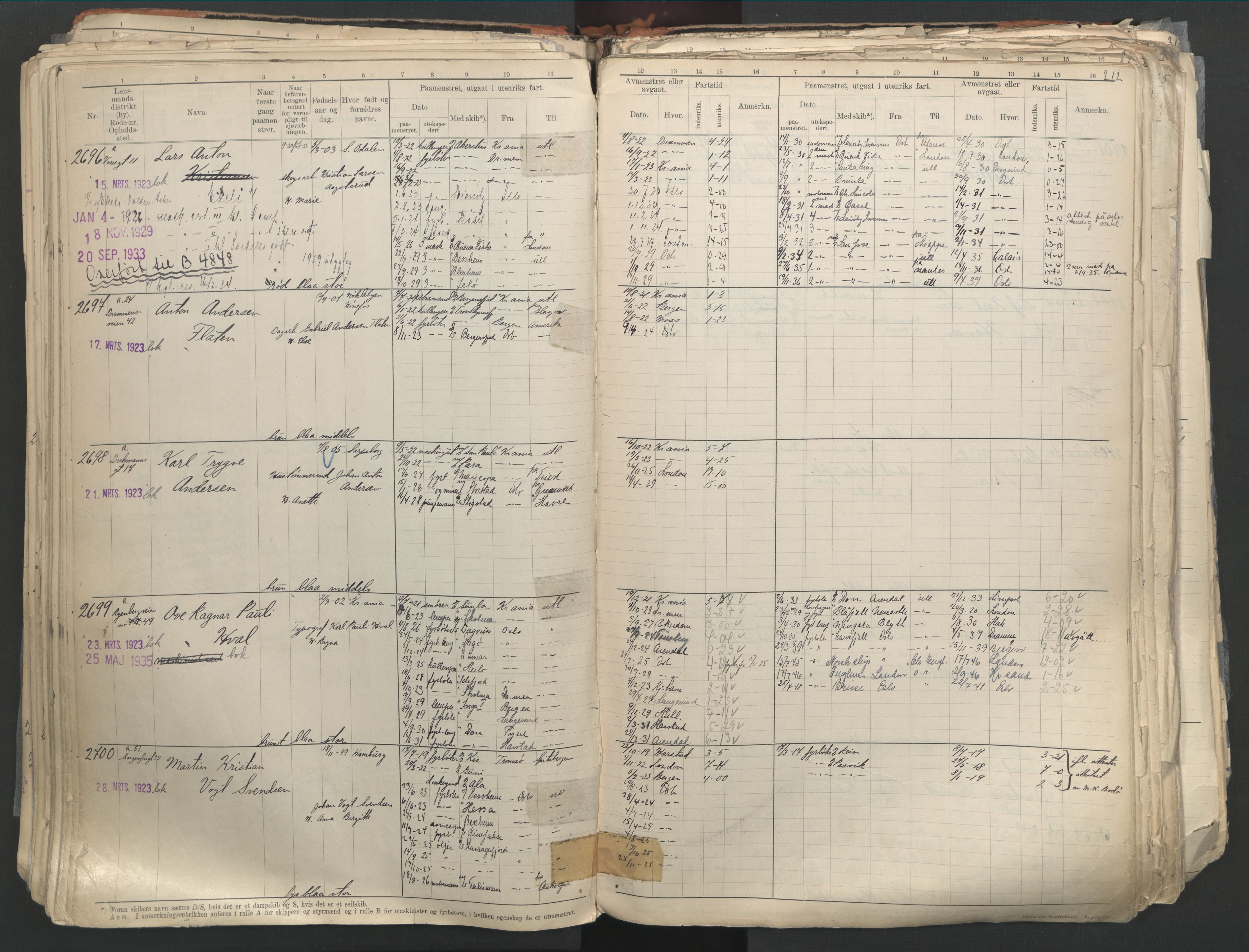 Oslo sjømannskontor, AV/SAO-A-10595/F/Fd/L0003: B-rulle, 1916, p. 211b-212a