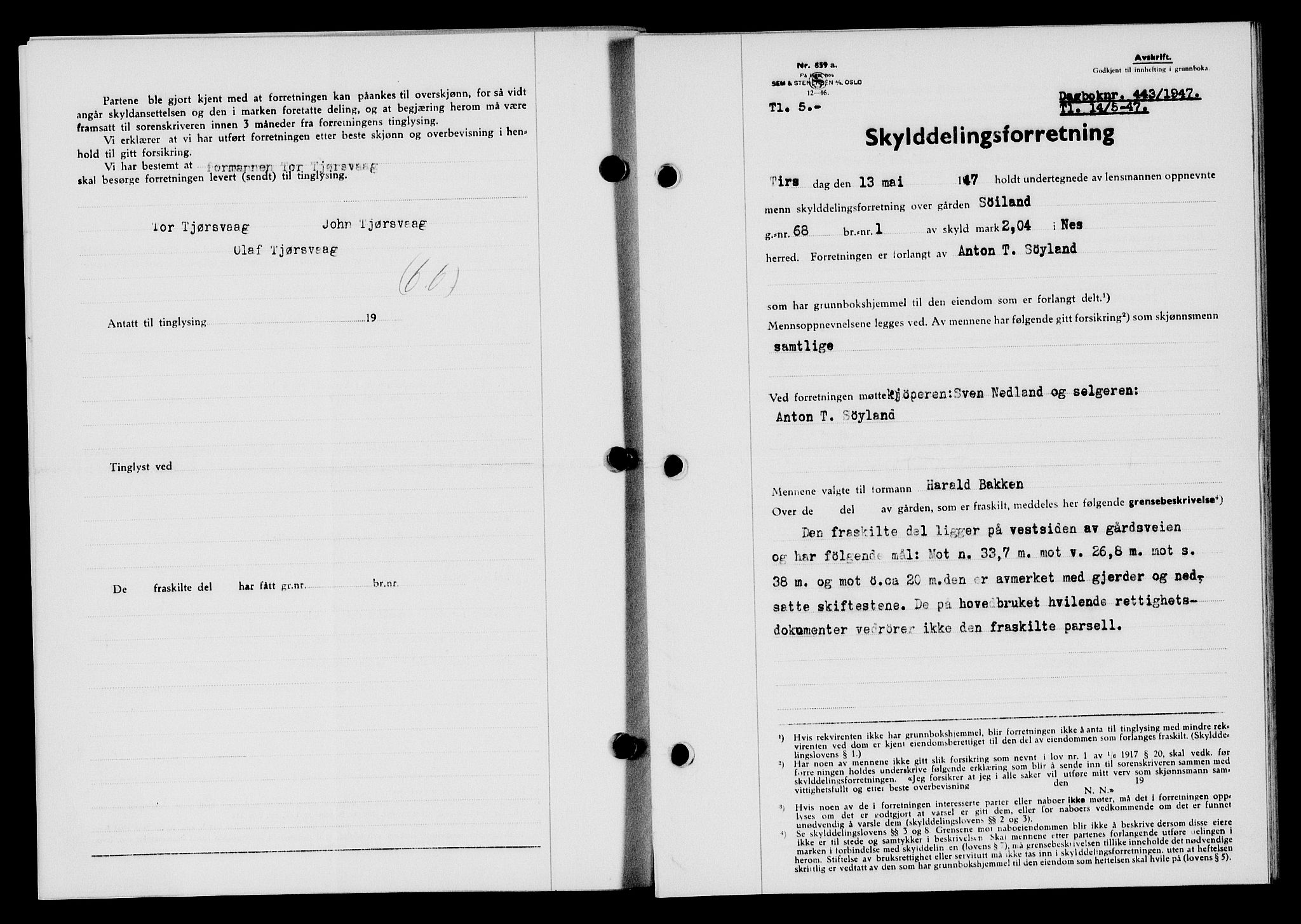 Flekkefjord sorenskriveri, SAK/1221-0001/G/Gb/Gba/L0062: Mortgage book no. A-10, 1947-1947, Diary no: : 443/1947