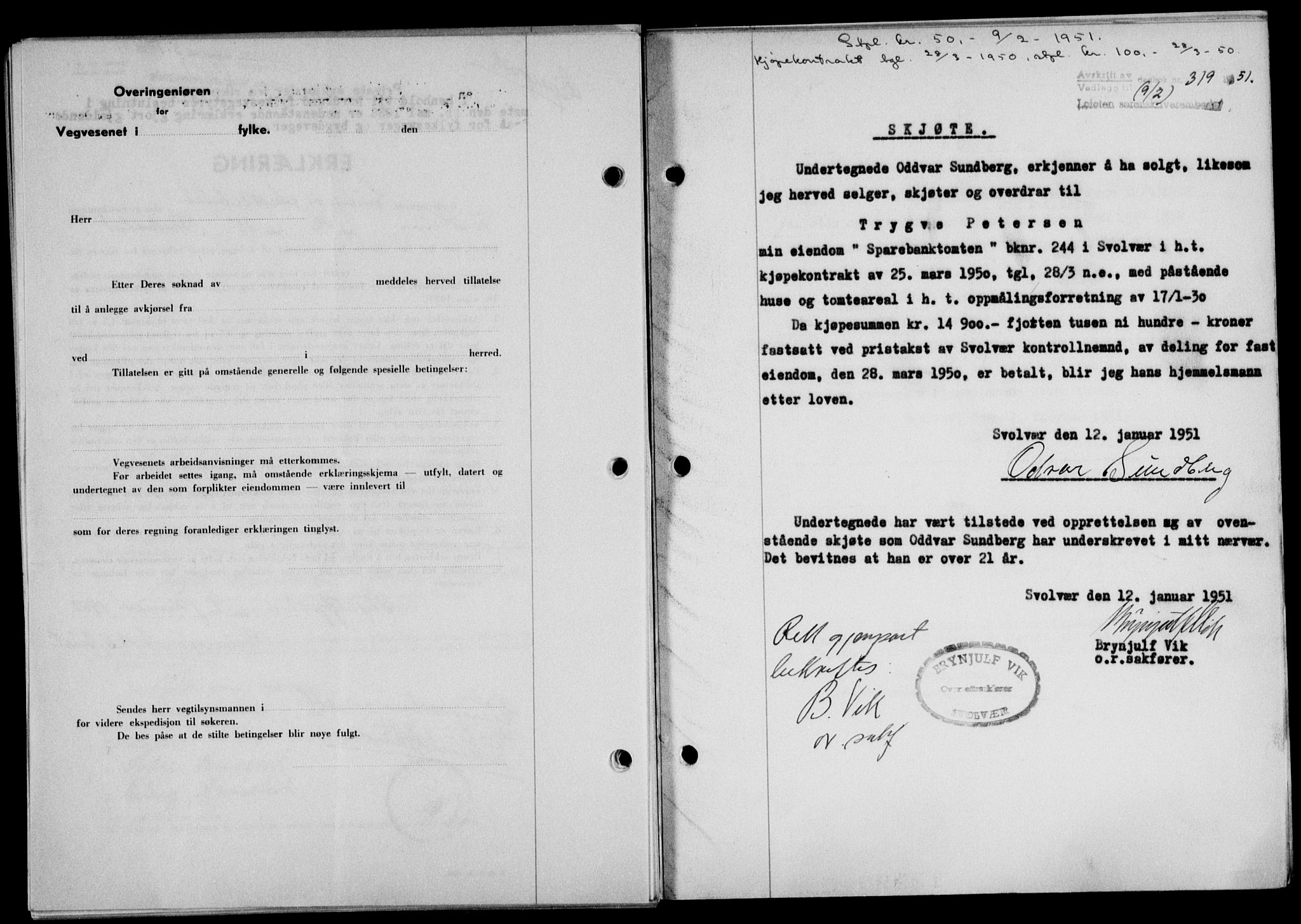 Lofoten sorenskriveri, SAT/A-0017/1/2/2C/L0025a: Mortgage book no. 25a, 1950-1951, Diary no: : 319/1951