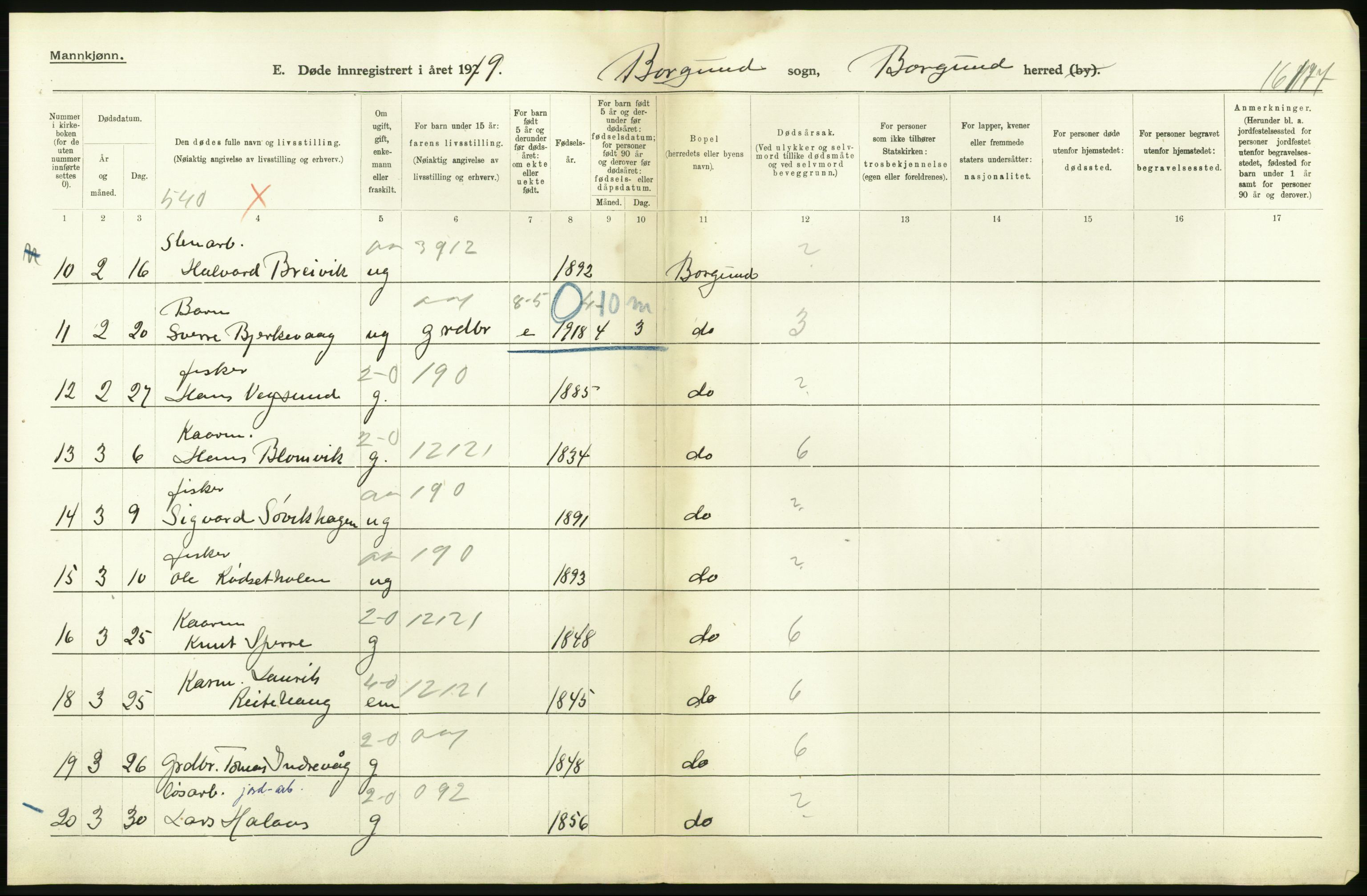 Statistisk sentralbyrå, Sosiodemografiske emner, Befolkning, AV/RA-S-2228/D/Df/Dfb/Dfbi/L0042: Møre fylke: Døde. Bygder og byer., 1919, p. 80