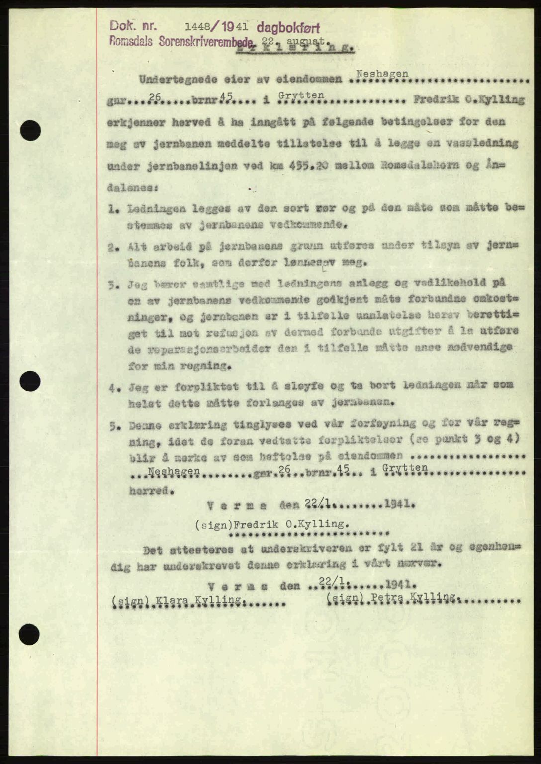 Romsdal sorenskriveri, AV/SAT-A-4149/1/2/2C: Mortgage book no. A10, 1941-1941, Diary no: : 1448/1941