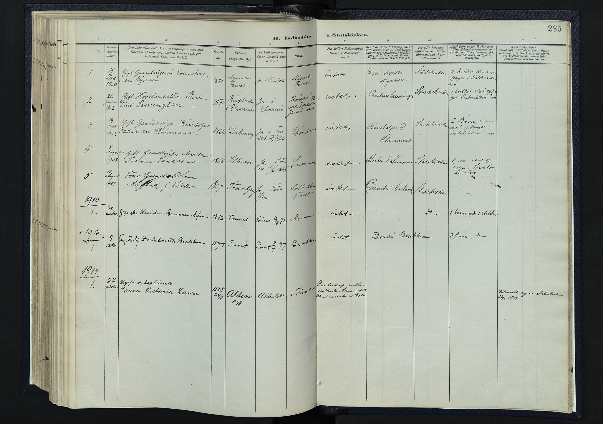 Tynset prestekontor, SAH/PREST-058/H/Ha/Haa/L0025: Parish register (official) no. 25, 1900-1914, p. 285
