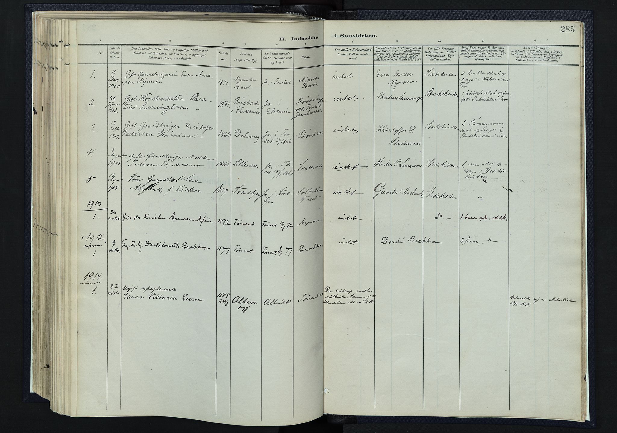 Tynset prestekontor, AV/SAH-PREST-058/H/Ha/Haa/L0025: Parish register (official) no. 25, 1900-1914, p. 285