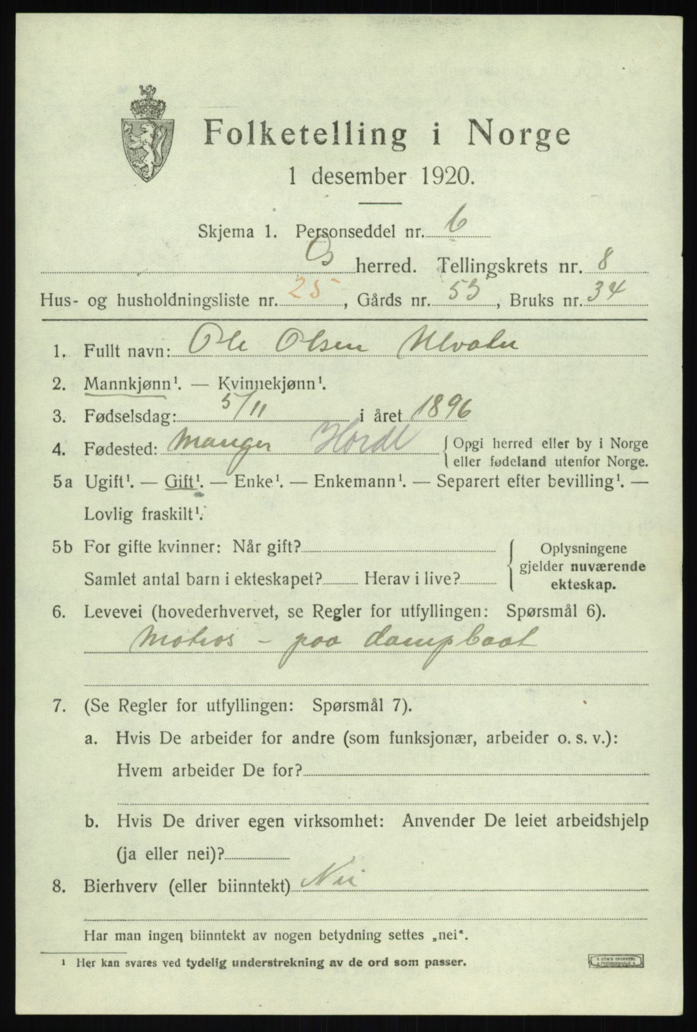 SAB, 1920 census for Os, 1920, p. 6948