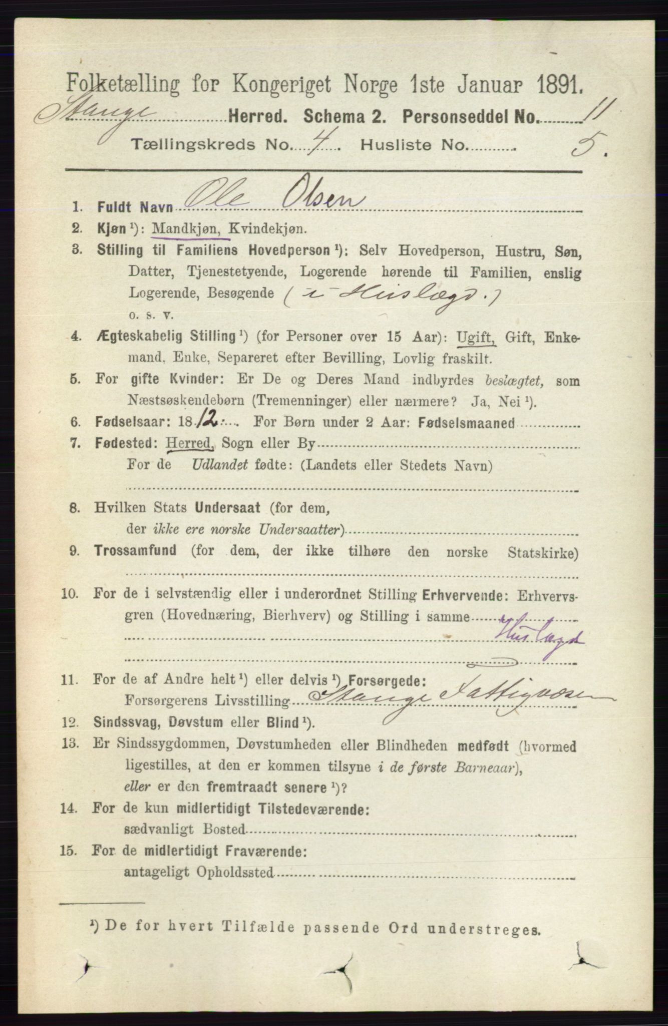 RA, 1891 census for 0417 Stange, 1891, p. 2378