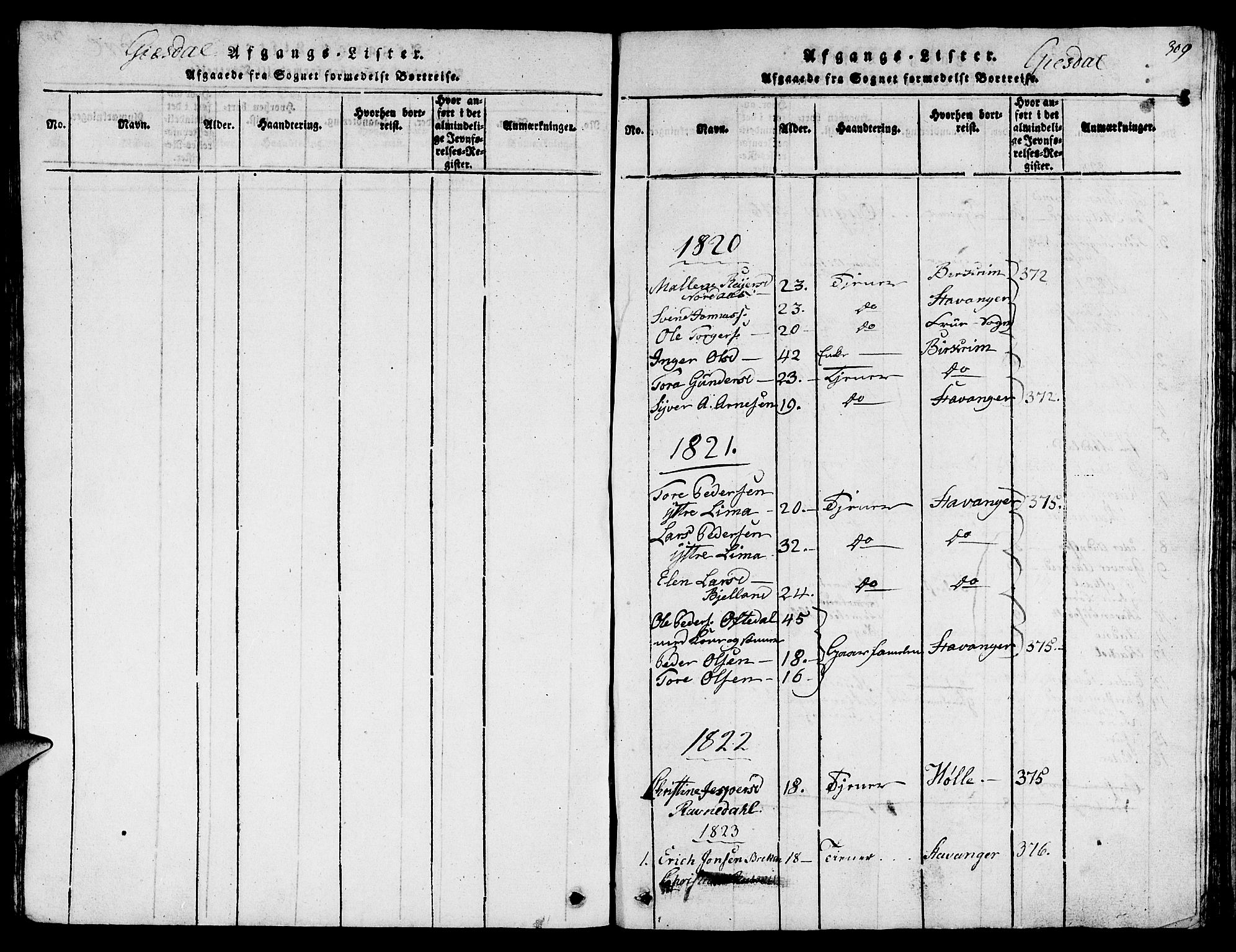Lye sokneprestkontor, SAST/A-101794/001/30BB/L0001: Parish register (copy) no. B 1 /2, 1816-1826, p. 309