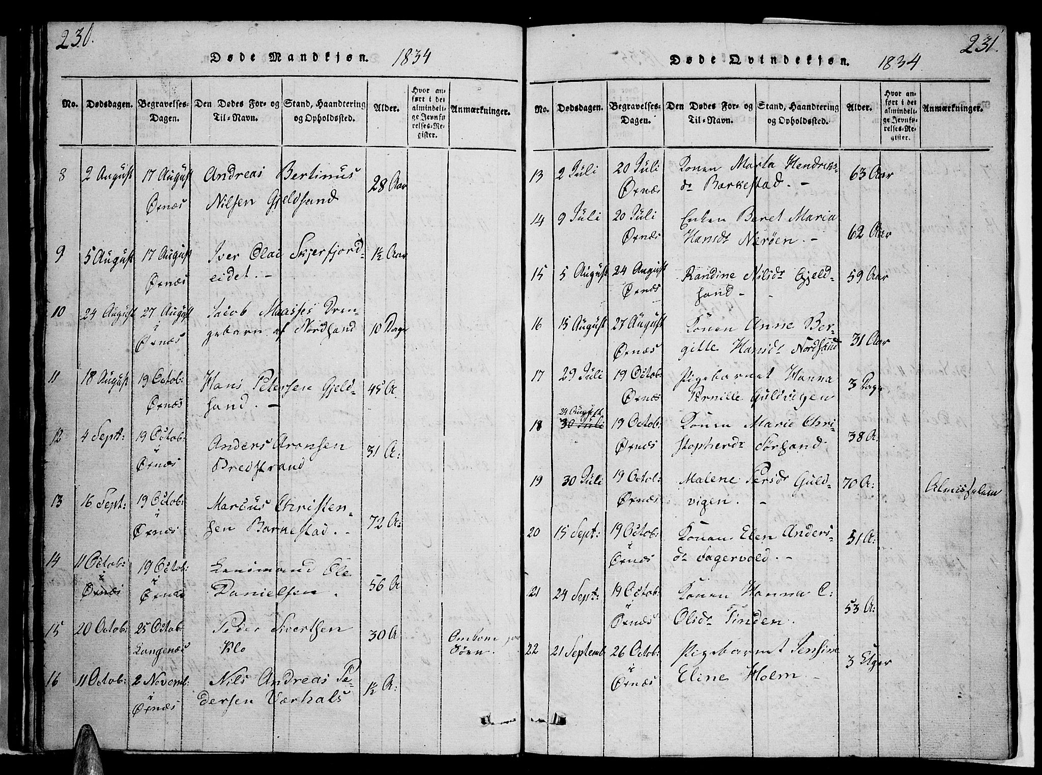 Ministerialprotokoller, klokkerbøker og fødselsregistre - Nordland, SAT/A-1459/893/L1331: Parish register (official) no. 893A04, 1820-1840, p. 230-231
