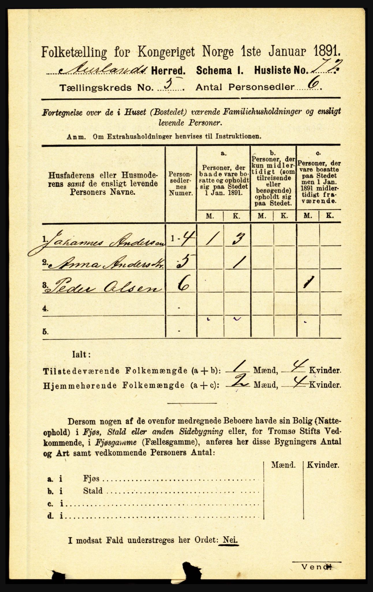 RA, 1891 census for 1421 Aurland, 1891, p. 1780