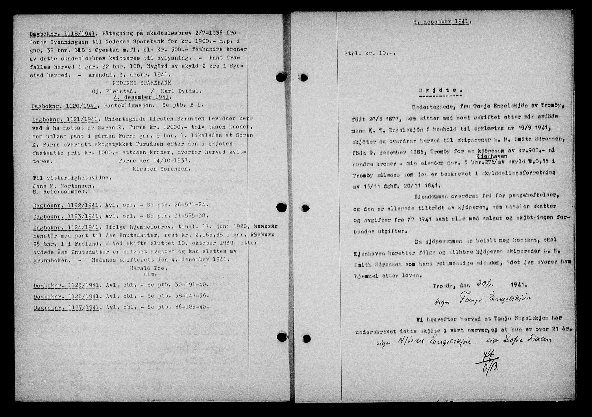 Nedenes sorenskriveri, SAK/1221-0006/G/Gb/Gba/L0049: Mortgage book no. A-III, 1941-1942, Diary no: : 1118/1941