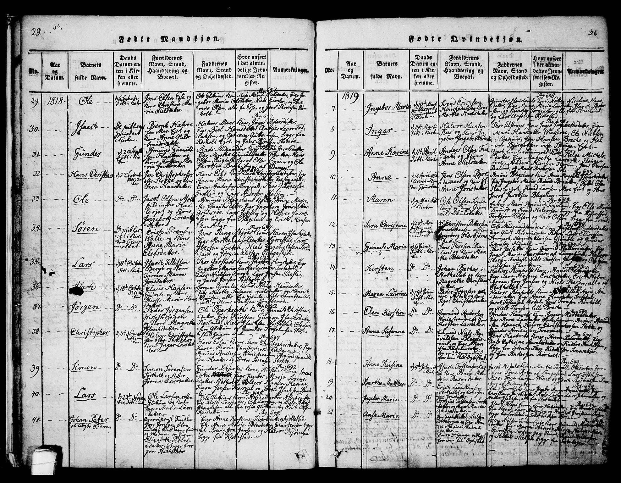 Bamble kirkebøker, AV/SAKO-A-253/F/Fa/L0003: Parish register (official) no. I 3 /1, 1814-1834, p. 29-30