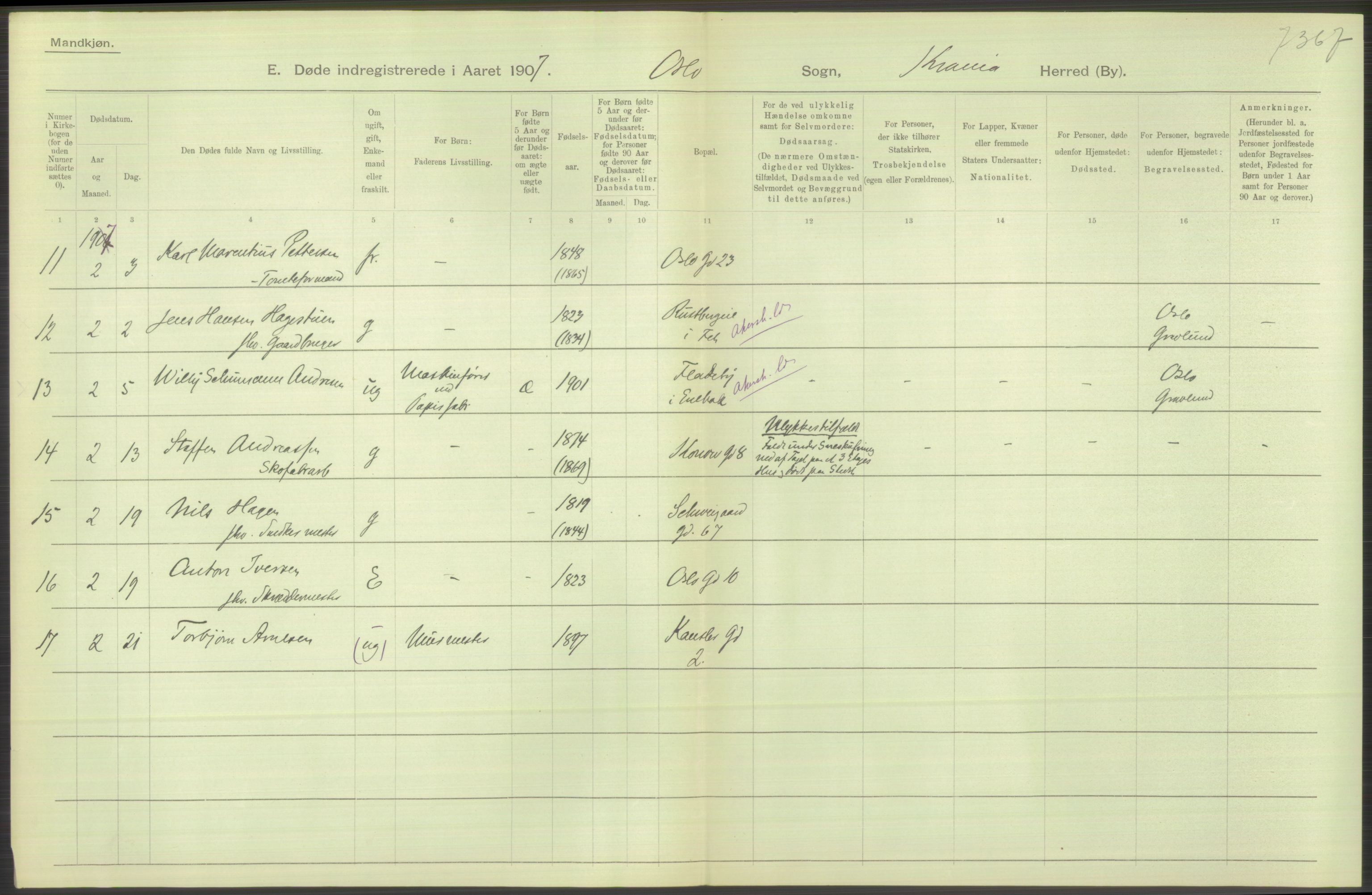 Statistisk sentralbyrå, Sosiodemografiske emner, Befolkning, AV/RA-S-2228/D/Df/Dfa/Dfae/L0009: Kristiania: Døde, 1907, p. 84